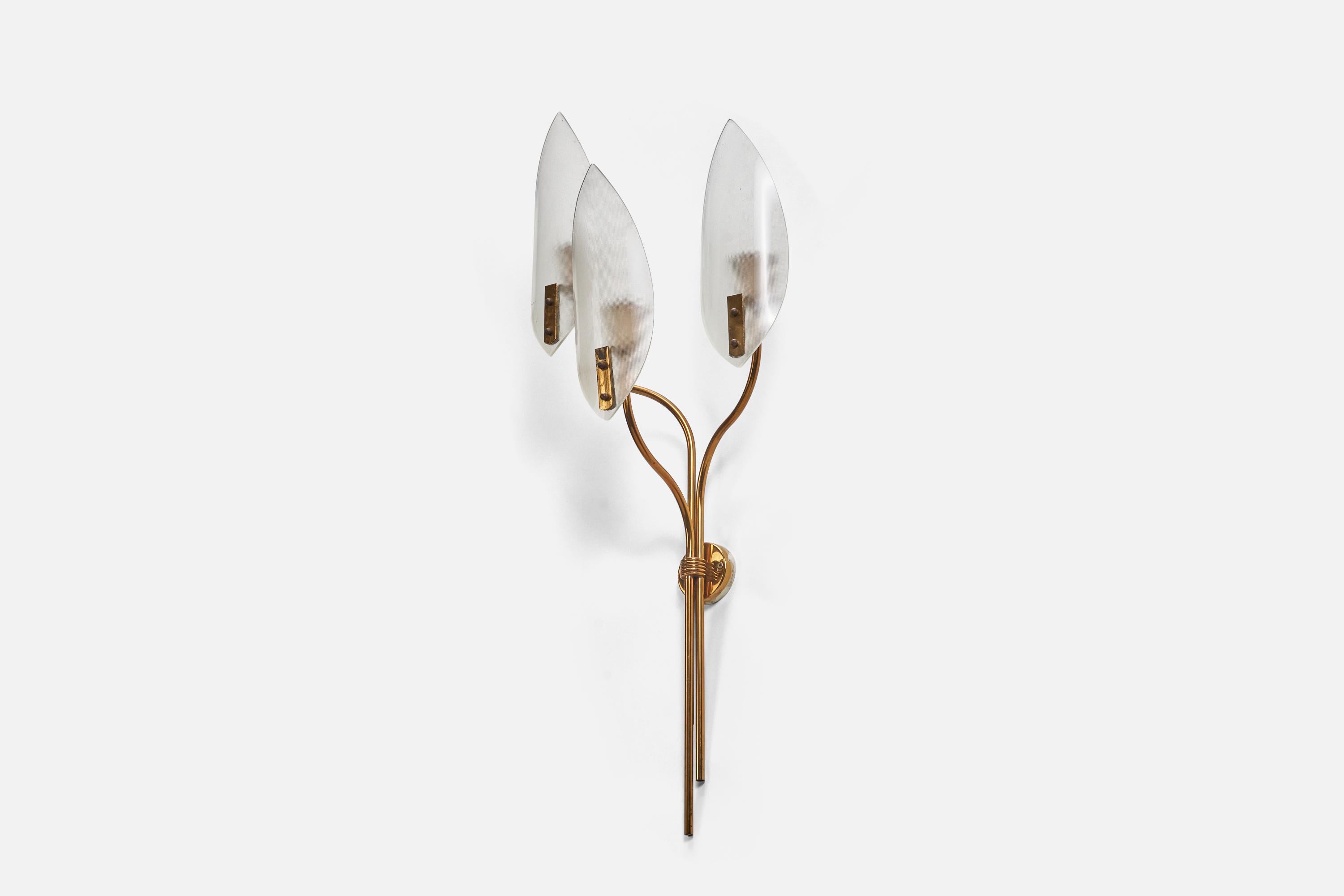 Mid-Century Modern Italian Designer, Sconce, Brass, Glass, Italy, 1950s For Sale