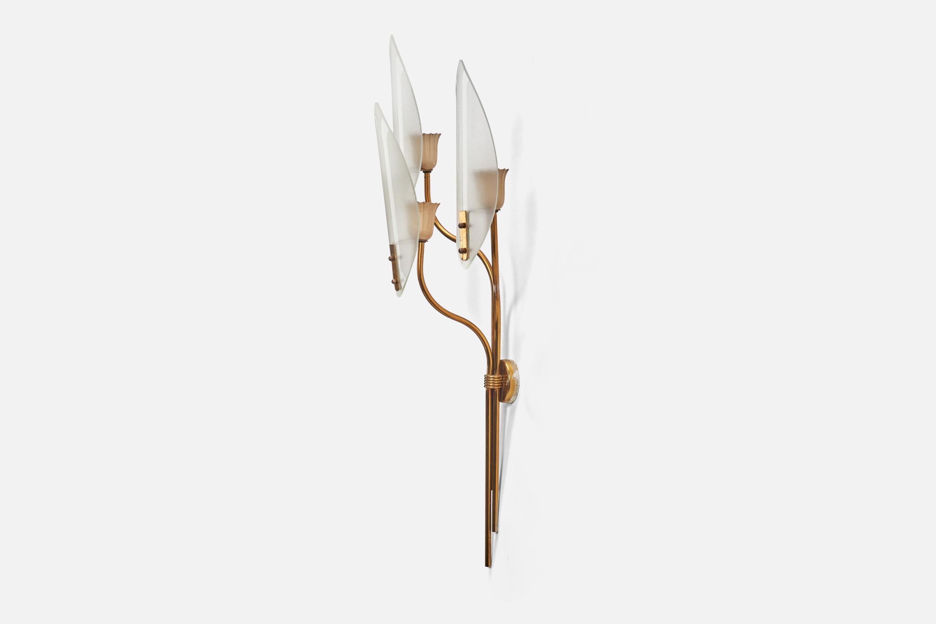 Mid-20th Century Italian Designer, Sconce, Brass, Glass, Italy, 1950s For Sale