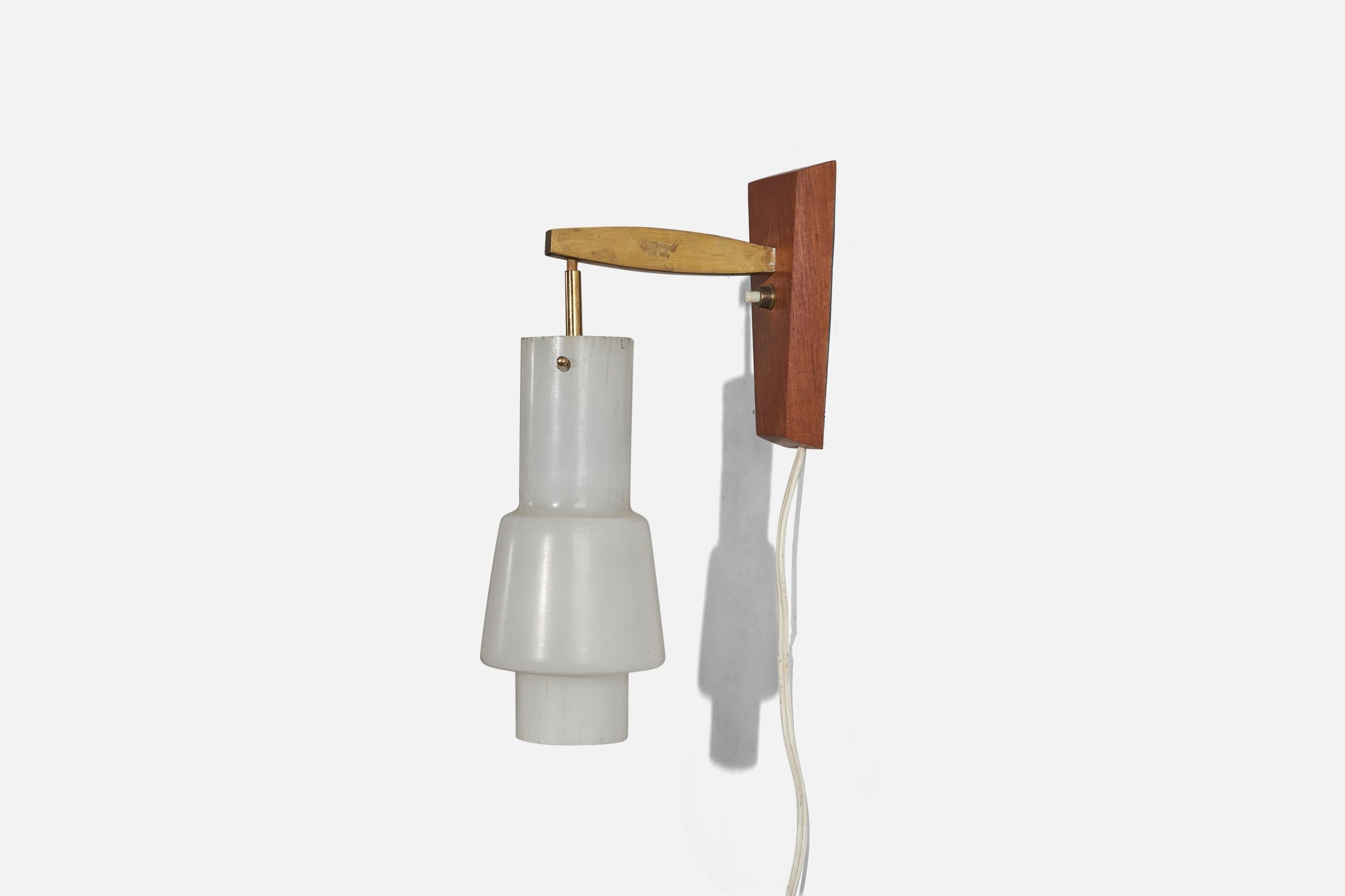 Mid-20th Century Italian Designer, Sconce, Brass, Glass, Teak, Italy, 1950s For Sale