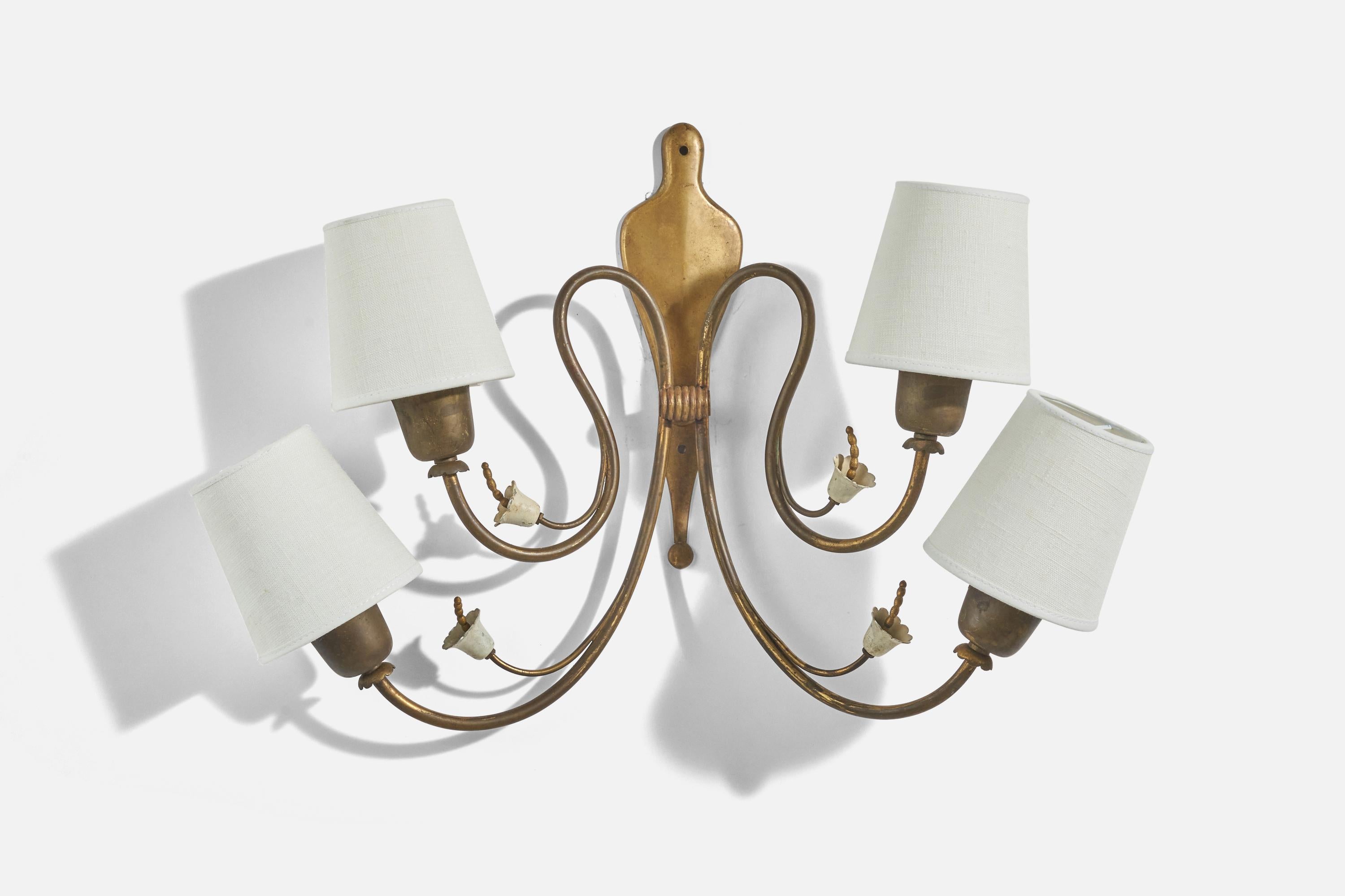 A brass and fabric sconce / wall light designed and produced by an Italian designer, Italy, 1940s.

Sold with Lampshades. Dimensions stated are of Sconce with Lampshades. 

Socket takes E-14 bulb.

There is no maximum wattage stated on the