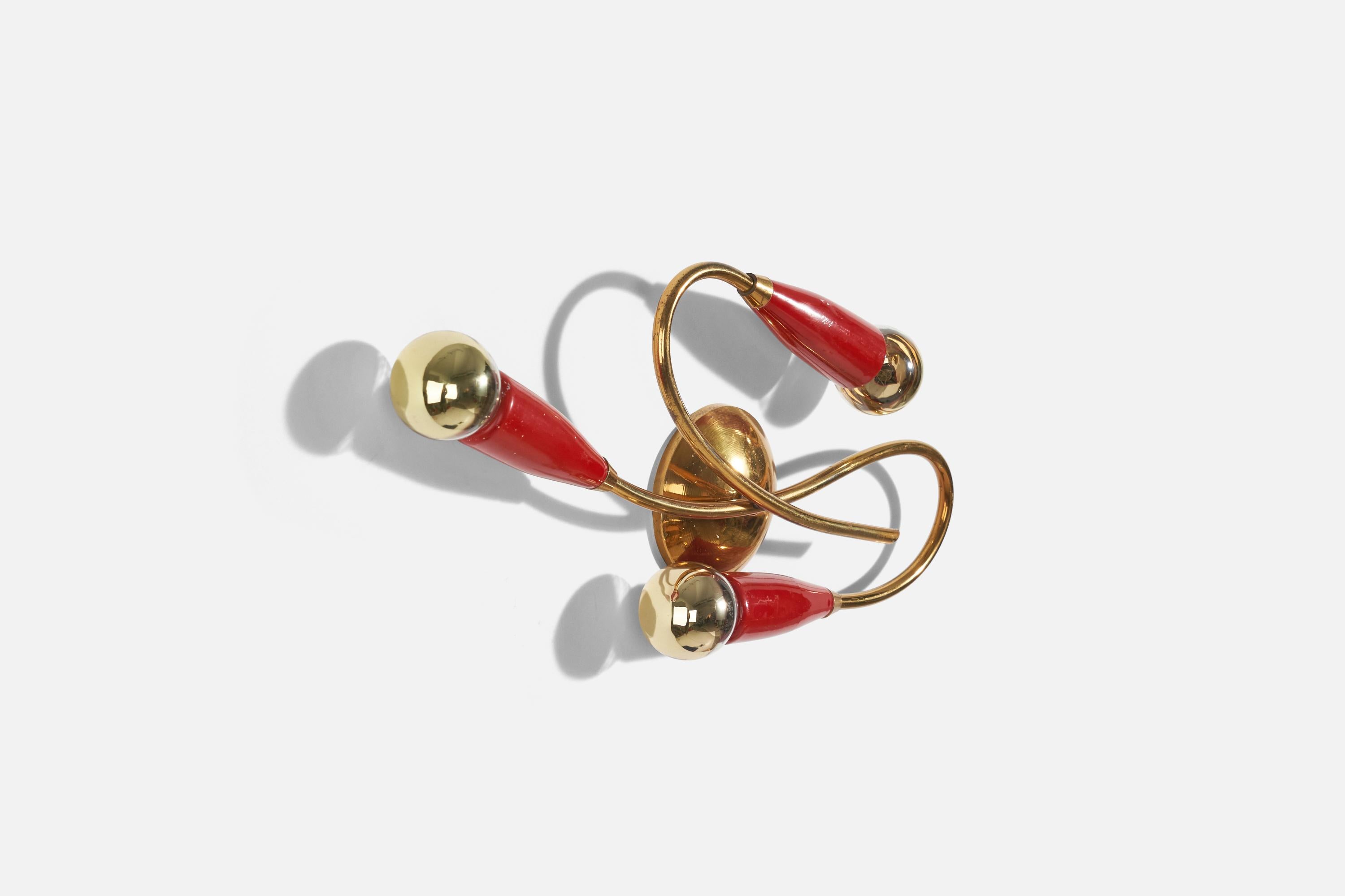 Italian Designer, Sconce, Brass, Red-Lacquered Metal, Italy, 1950s In Good Condition For Sale In High Point, NC
