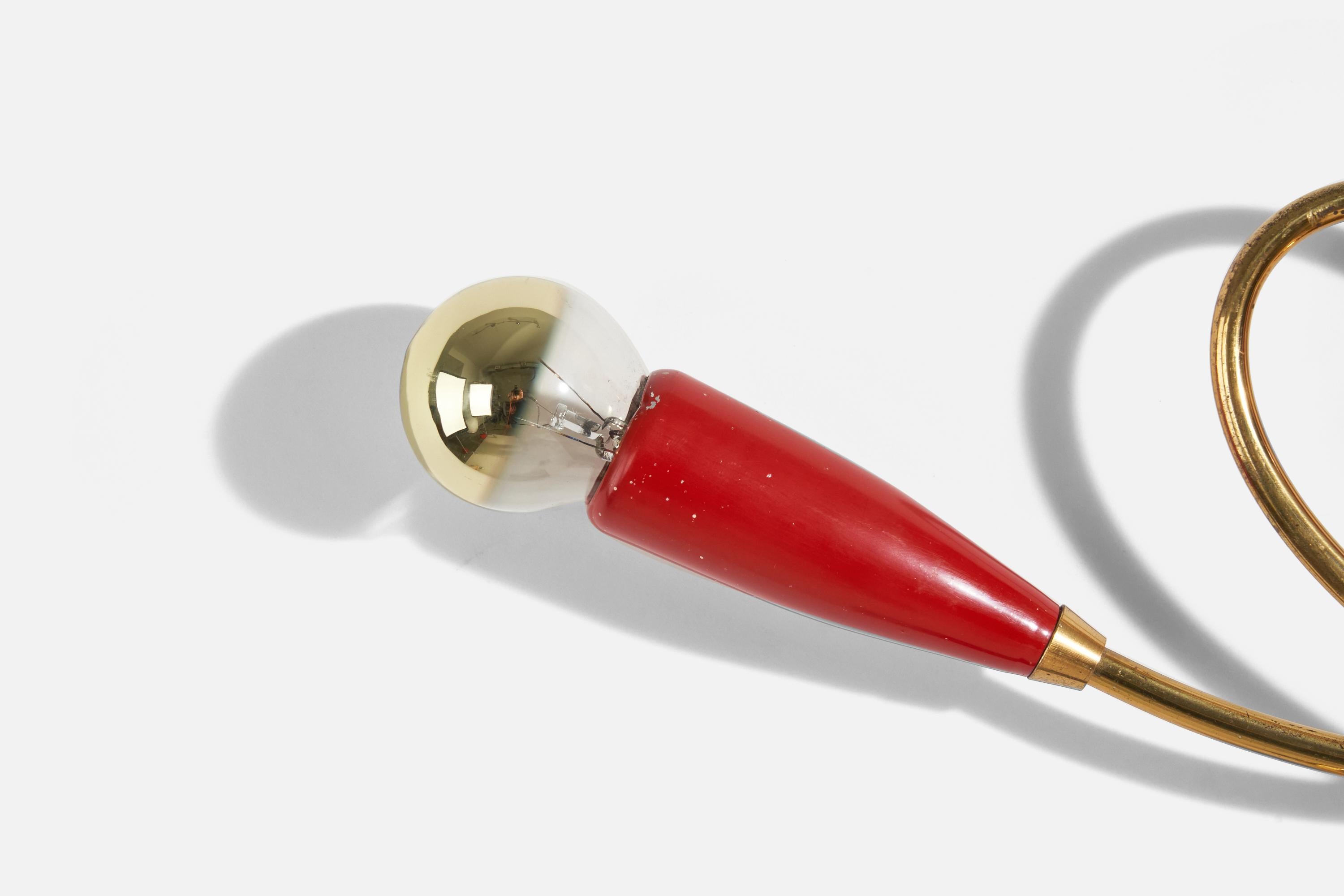 Mid-20th Century Italian Designer, Sconce, Brass, Red-Lacquered Metal, Italy, 1950s For Sale