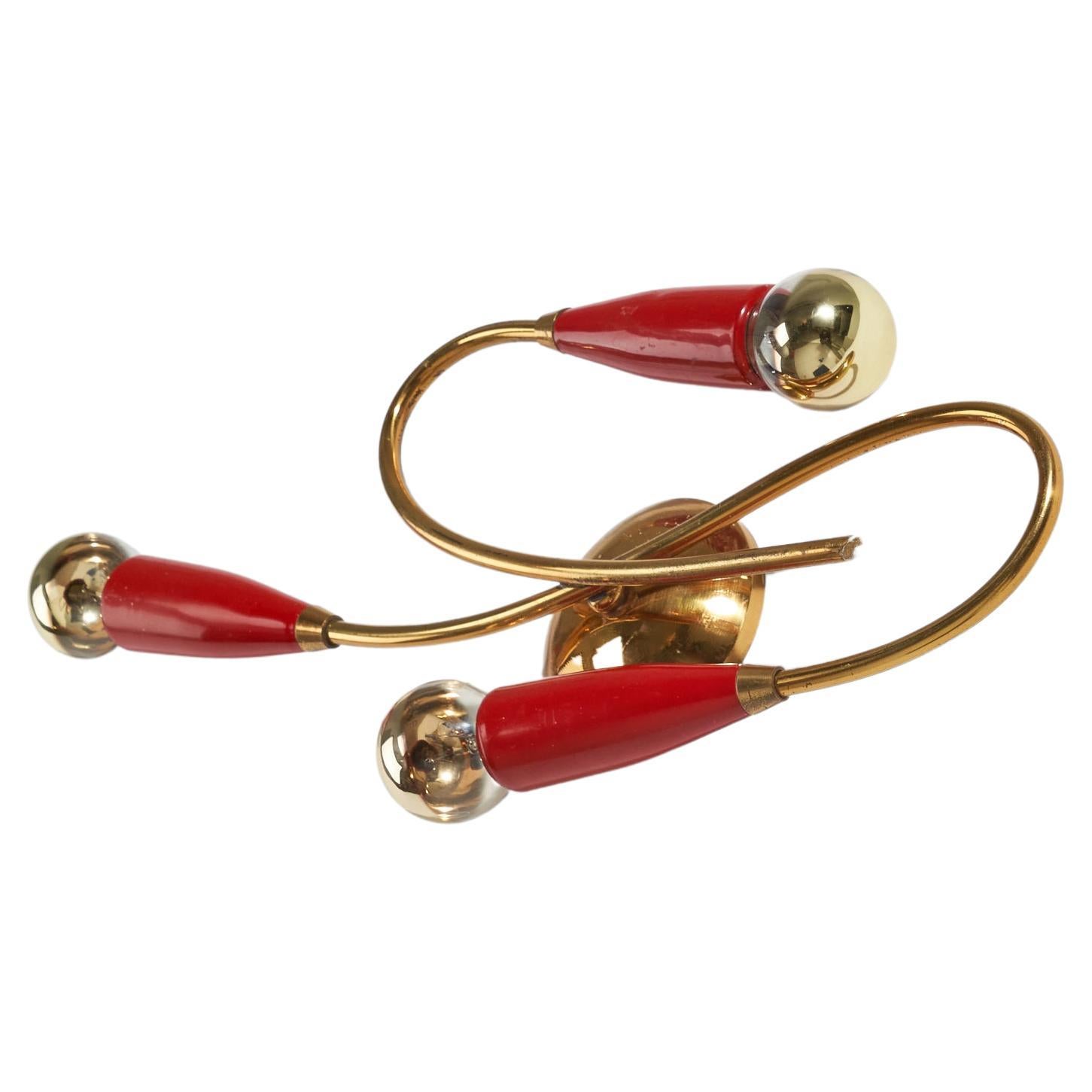 Italian Designer, Sconce, Brass, Red-Lacquered Metal, Italy, 1950s For Sale