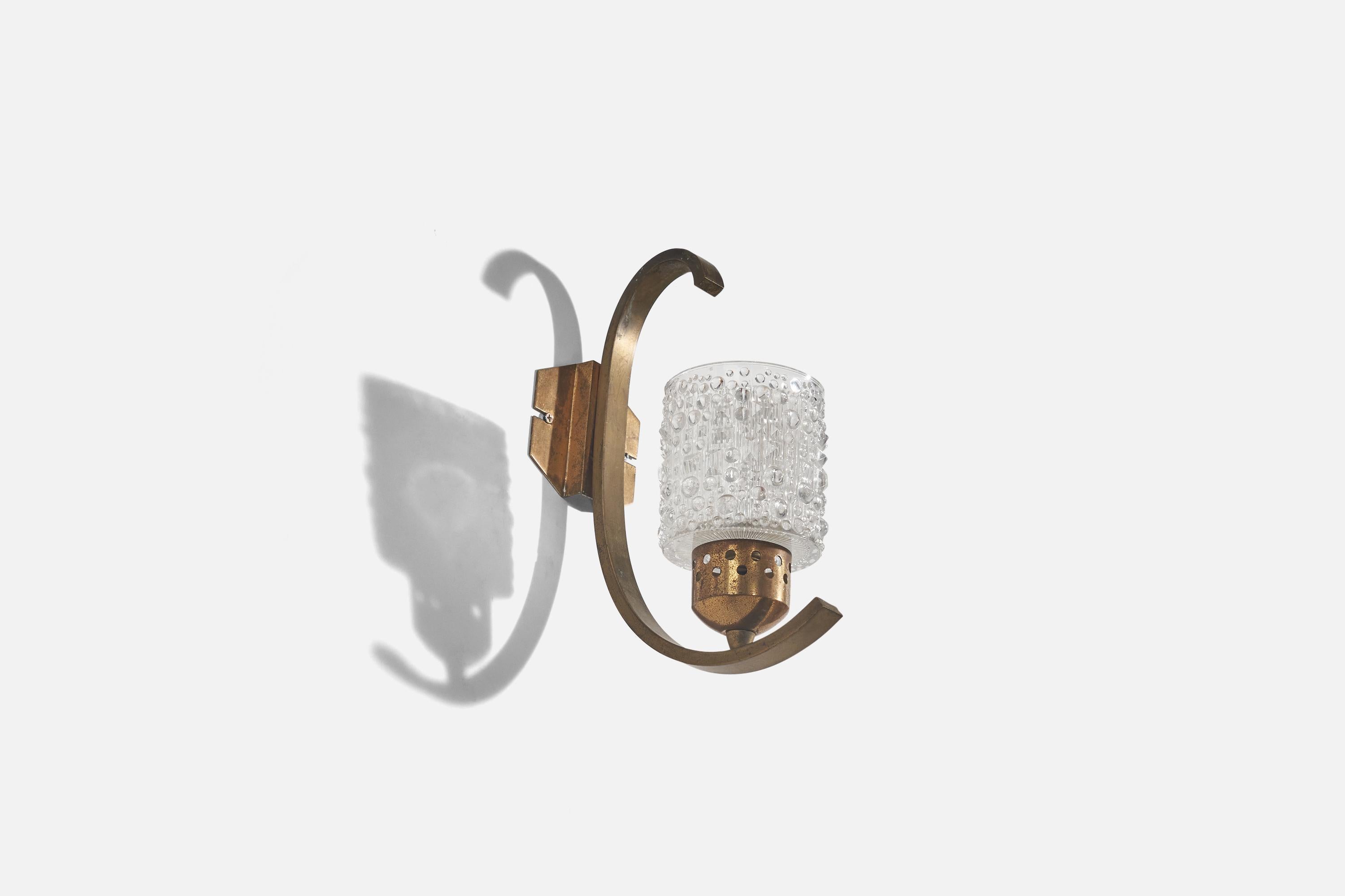 Mid-20th Century Italian Designer, Sconces, Brass, Glass, Italy, 1940s For Sale