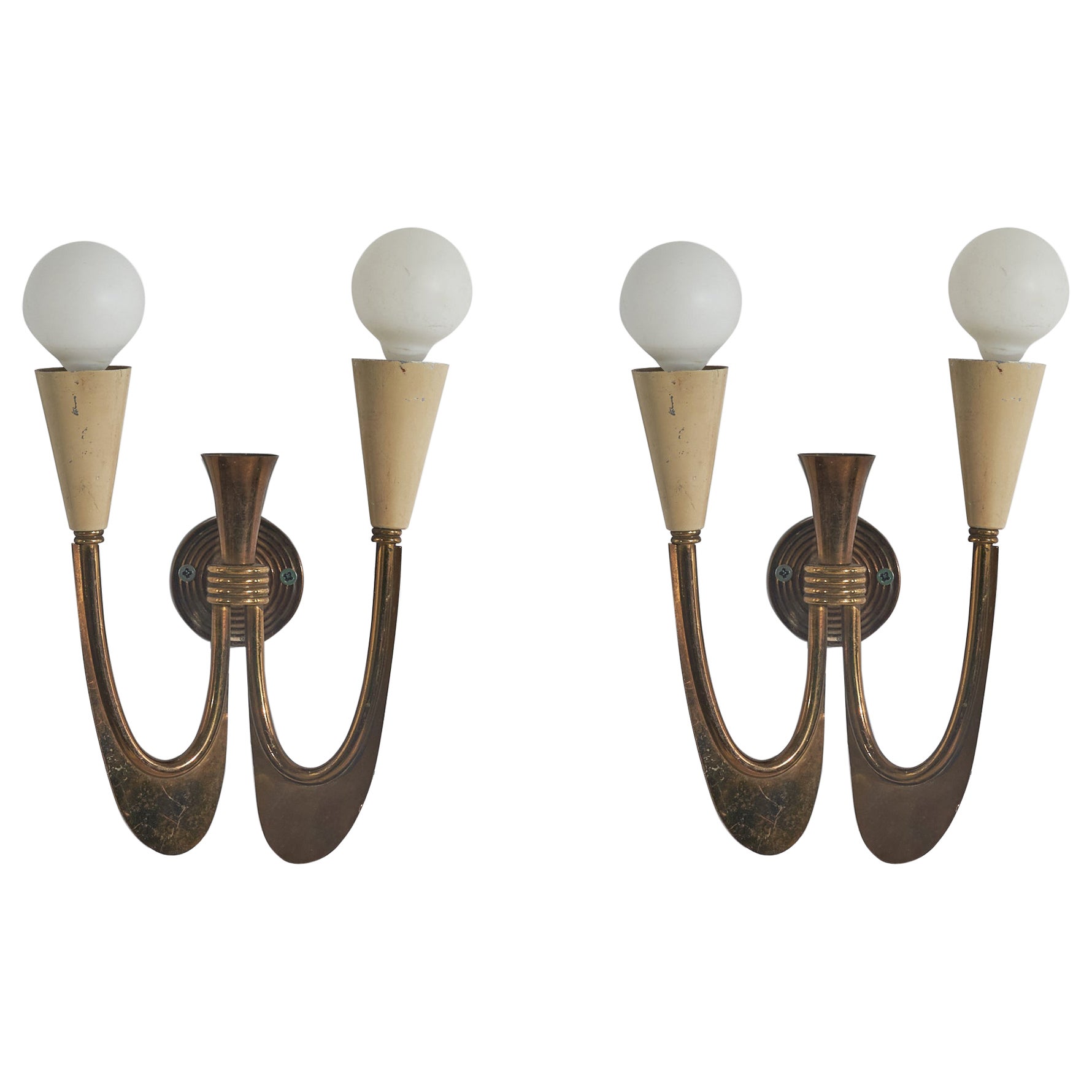 Italian Designer, Sconces, Brass, Glass, Italy, 1940s For Sale at 1stDibs