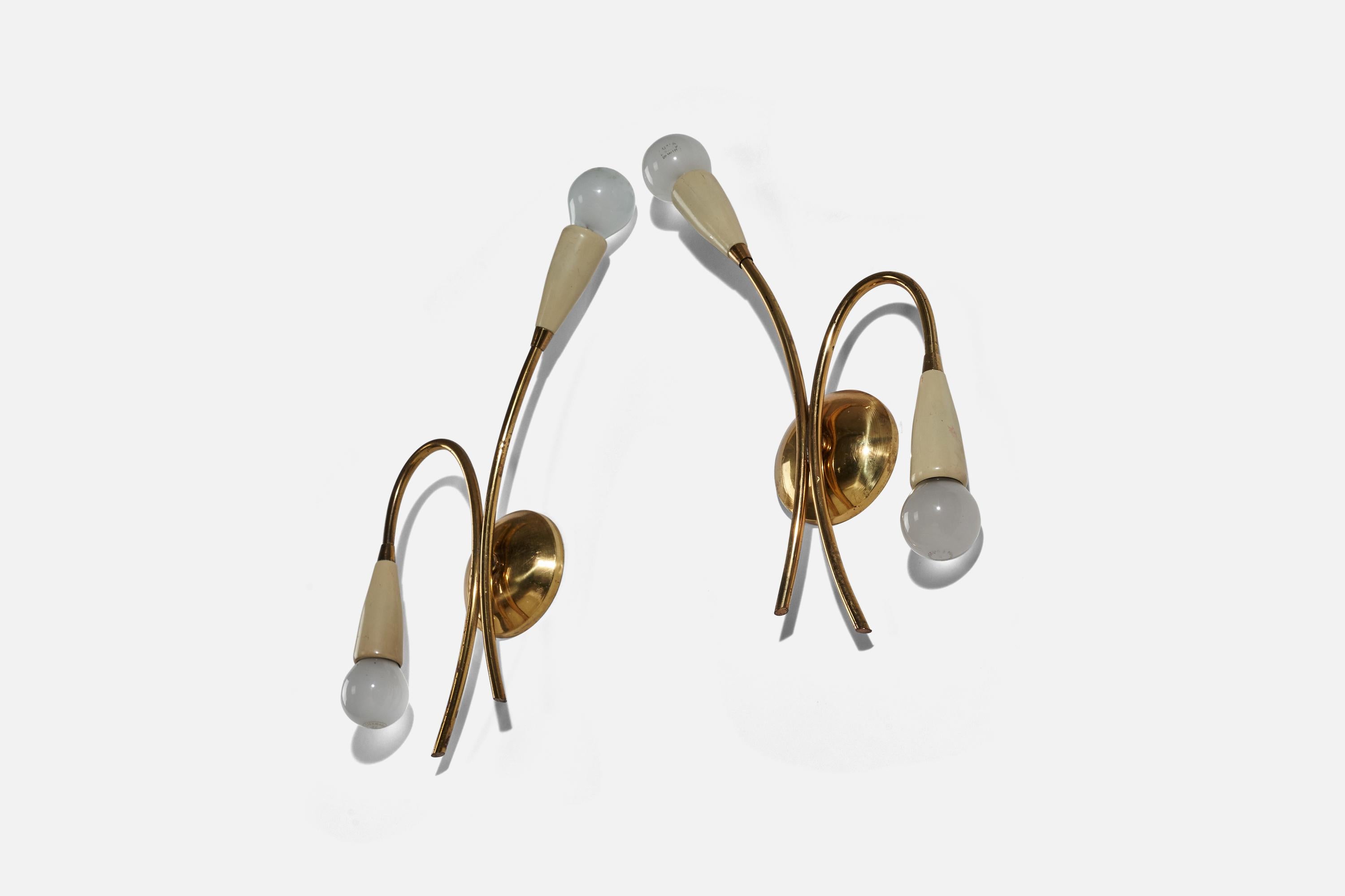 Mid-Century Modern Italian Designer, Sconces, Brass, Metal, Italy, 1950s For Sale