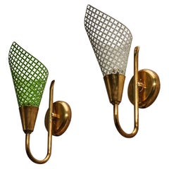 Italian Designer, Sconces, Brass, White and Green Lacquered Metal, Italy, 1950s