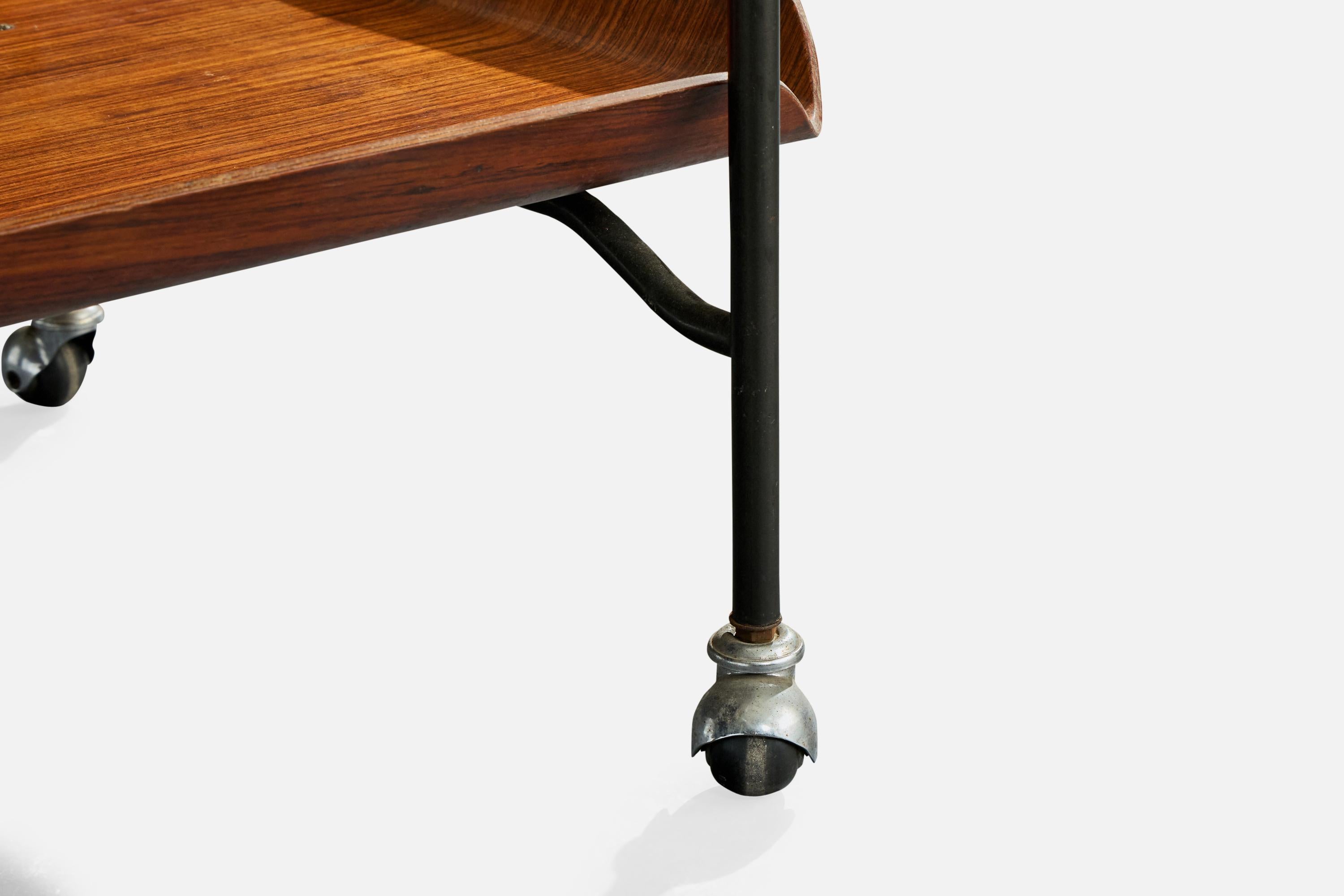 Designer italien, chariot de service, teck, métal, Italie, années 1950 en vente 4