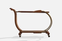 Italian Designer, Serving Cart, Wood, Brass, Glass, Italy, 1950s
