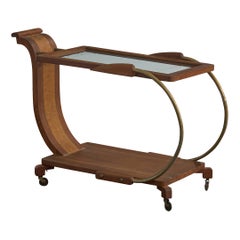 Italian Designer, Serving Cart, Wood, Brass, Glass, Italy, 1950s