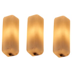 Italian Designer, Set of 3 Wall Lights, Milk Glass, Brass, Italy, 1940s