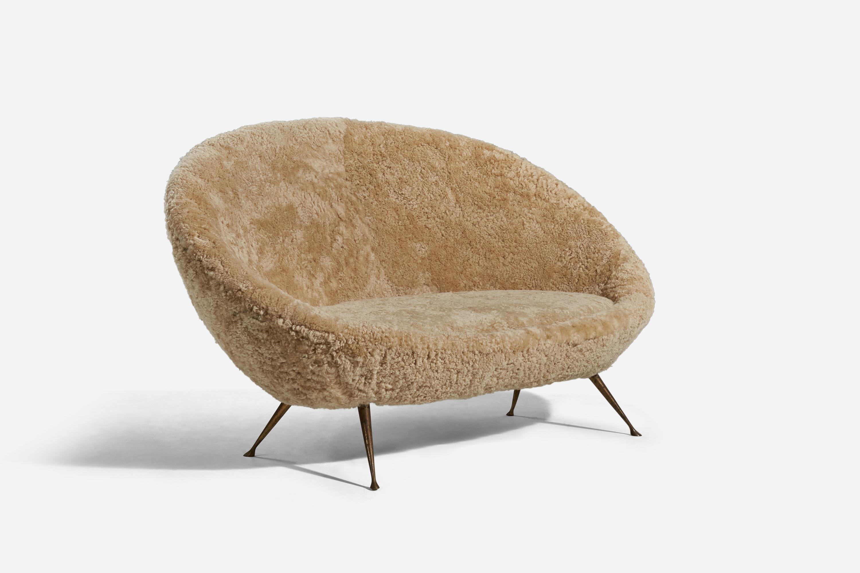 Mid-Century Modern Italian Designer, Settee, Shearling, Brass, Italy, 1950s For Sale