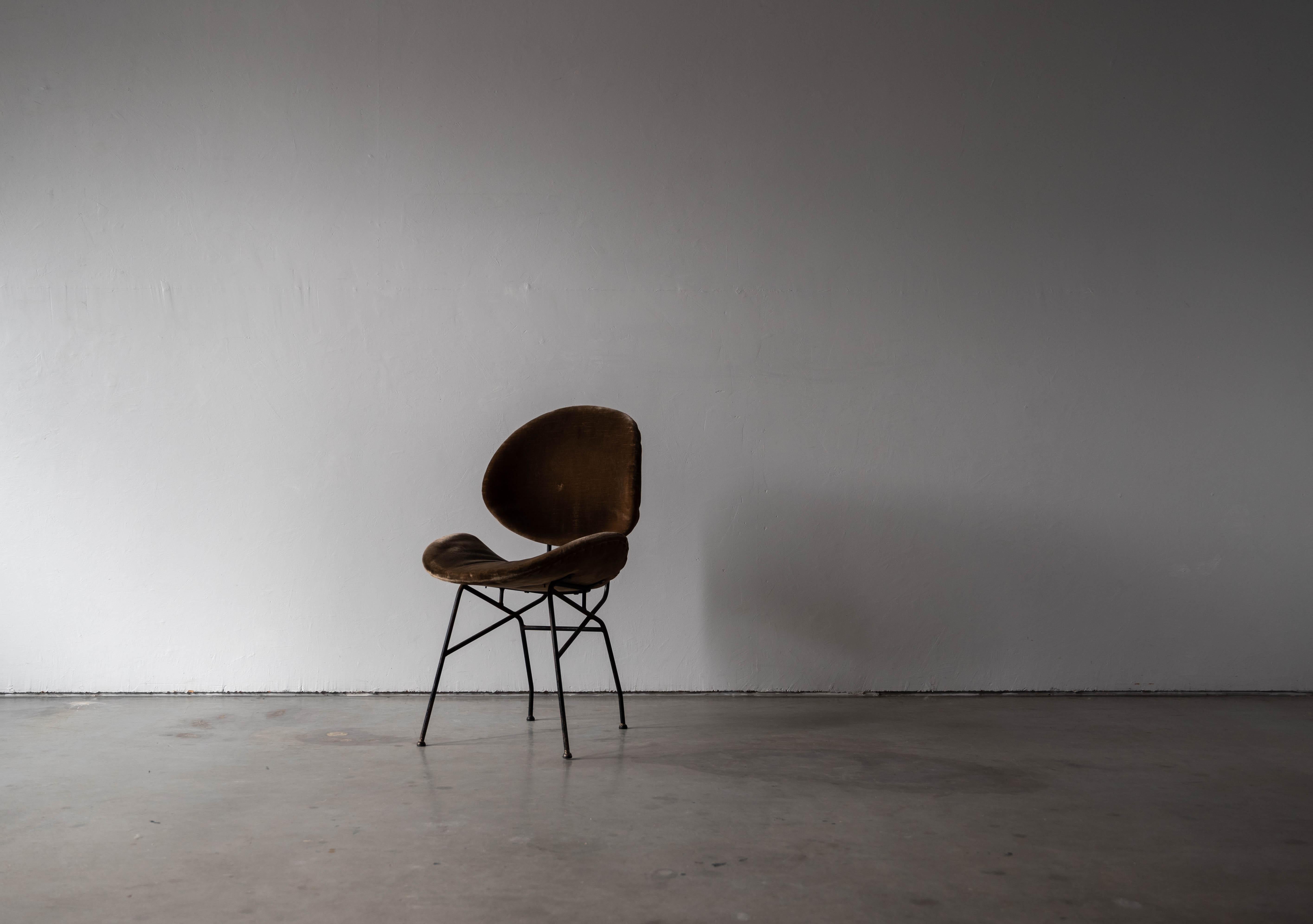 Mid-Century Modern Italian Designer, Side Chair, Brown Velvet, Black-lacquered Metal, Italy, 1950s