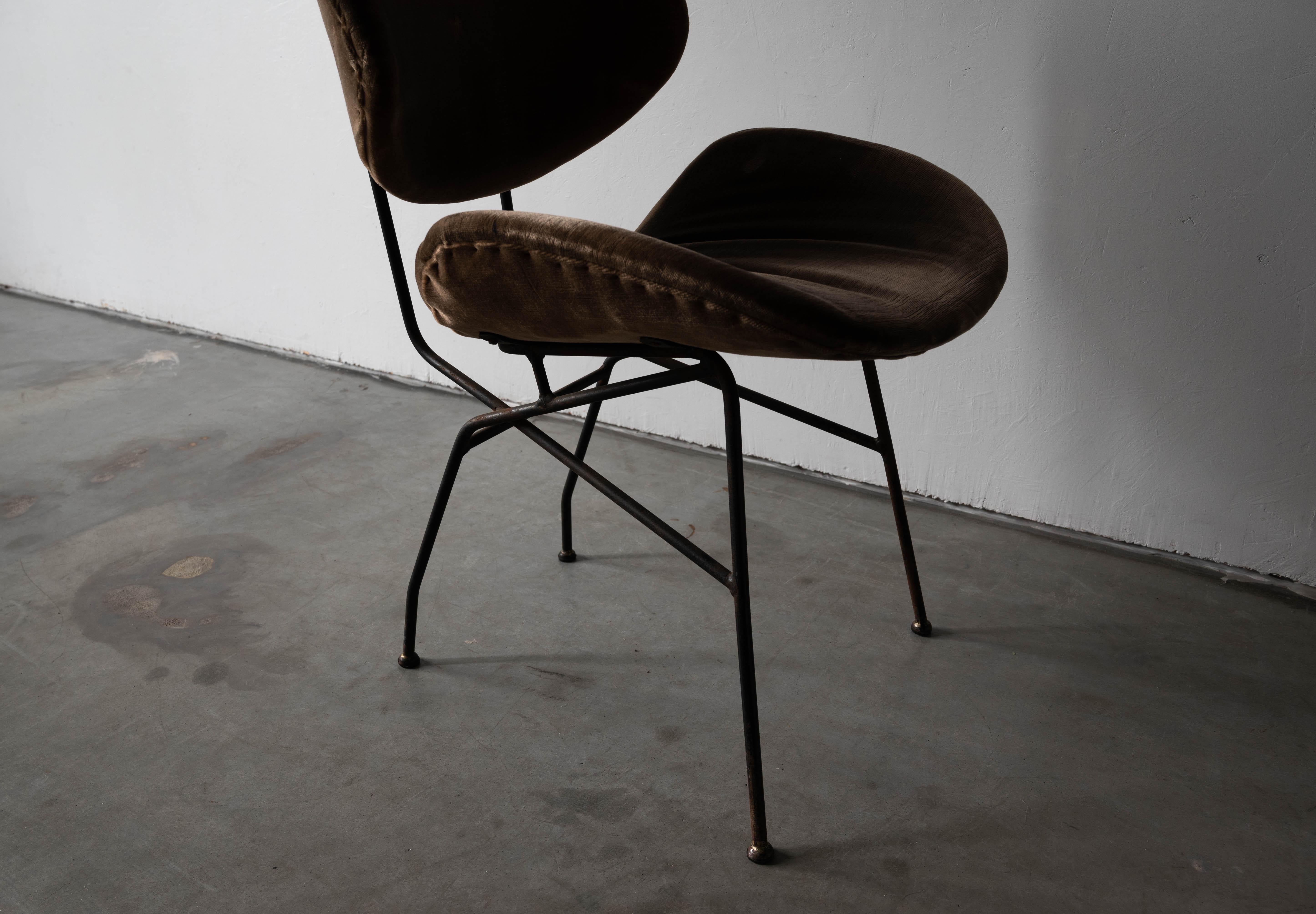 Italian Designer, Side Chair, Brown Velvet, Black-lacquered Metal, Italy, 1950s 4