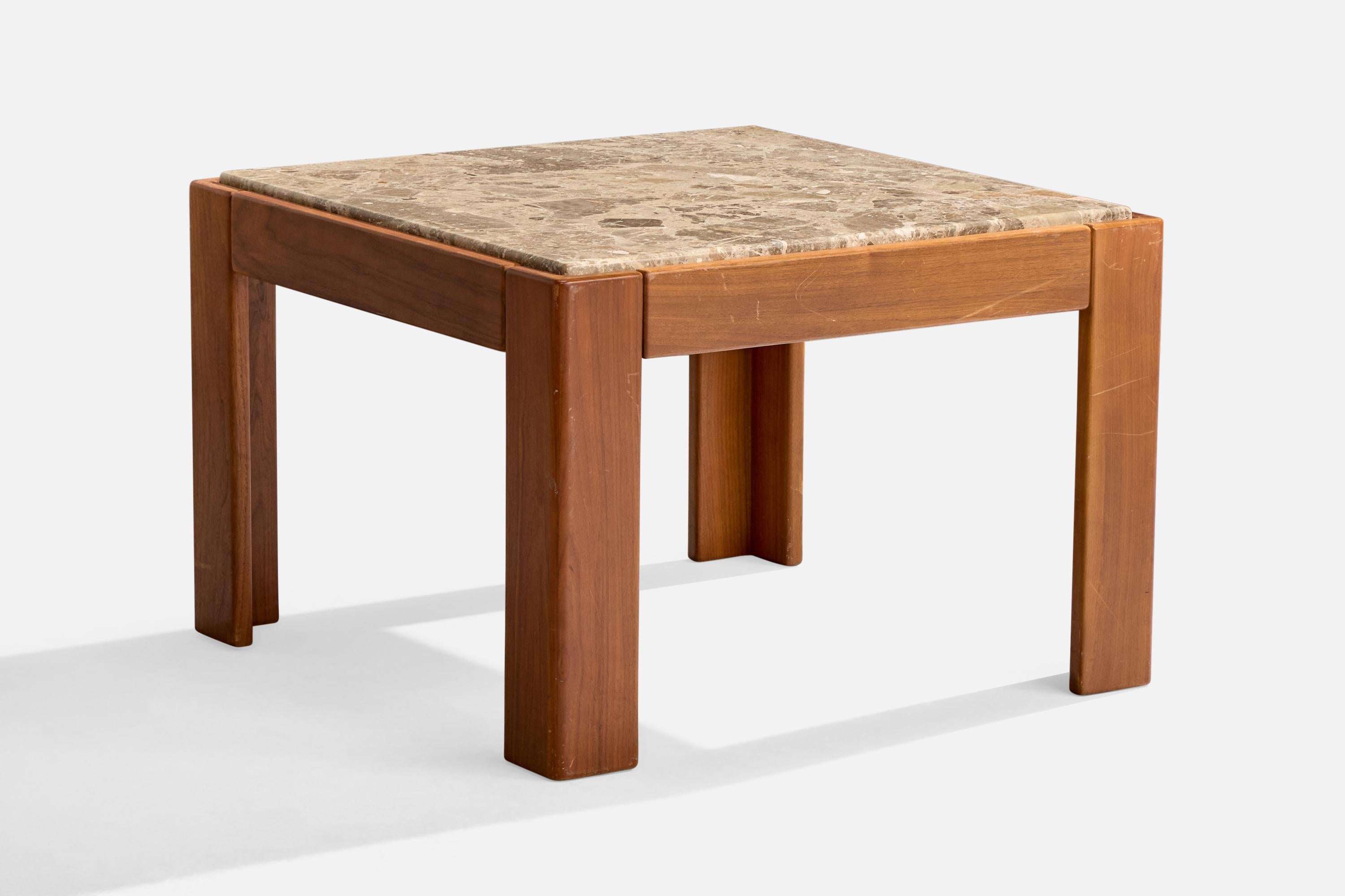 A marble and wood side table likely designed and produced in Italy, c. 1970s.

Overall Dimensions (inches): 20.5