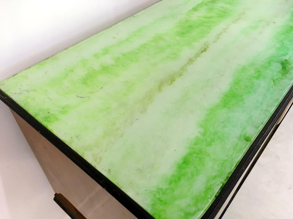 Veneer Mid-Century Modern Walnut Italian Sideboard, Green Marble Effect Glass Top
