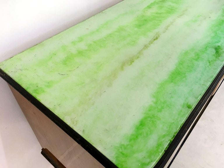 MidCentury Modern Walnut Italian Sideboard, Green Marble Effect Glass Top at 1stDibs