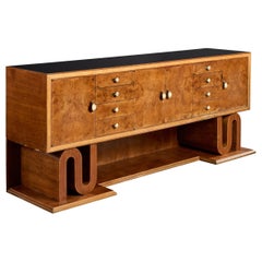 Italian Designer, Sideboard, Wood, Burl, Brass, Glass, Italy, 1930s