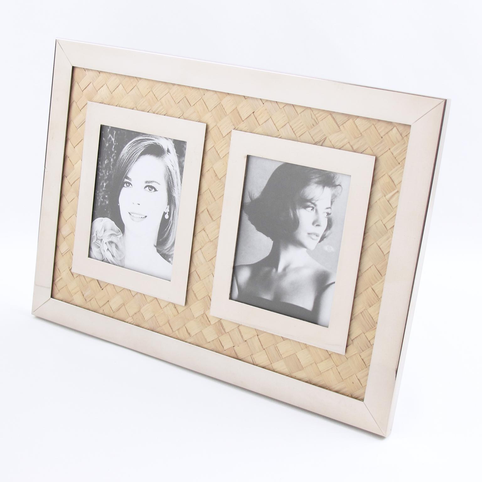 Elegant Italian designer picture photo frame, perfect for living space or vanity. Chromed metal and straw marquetry with double photograph view. Metal easel at the back with rotating system that allow the frame to be placed in landscape or portrait