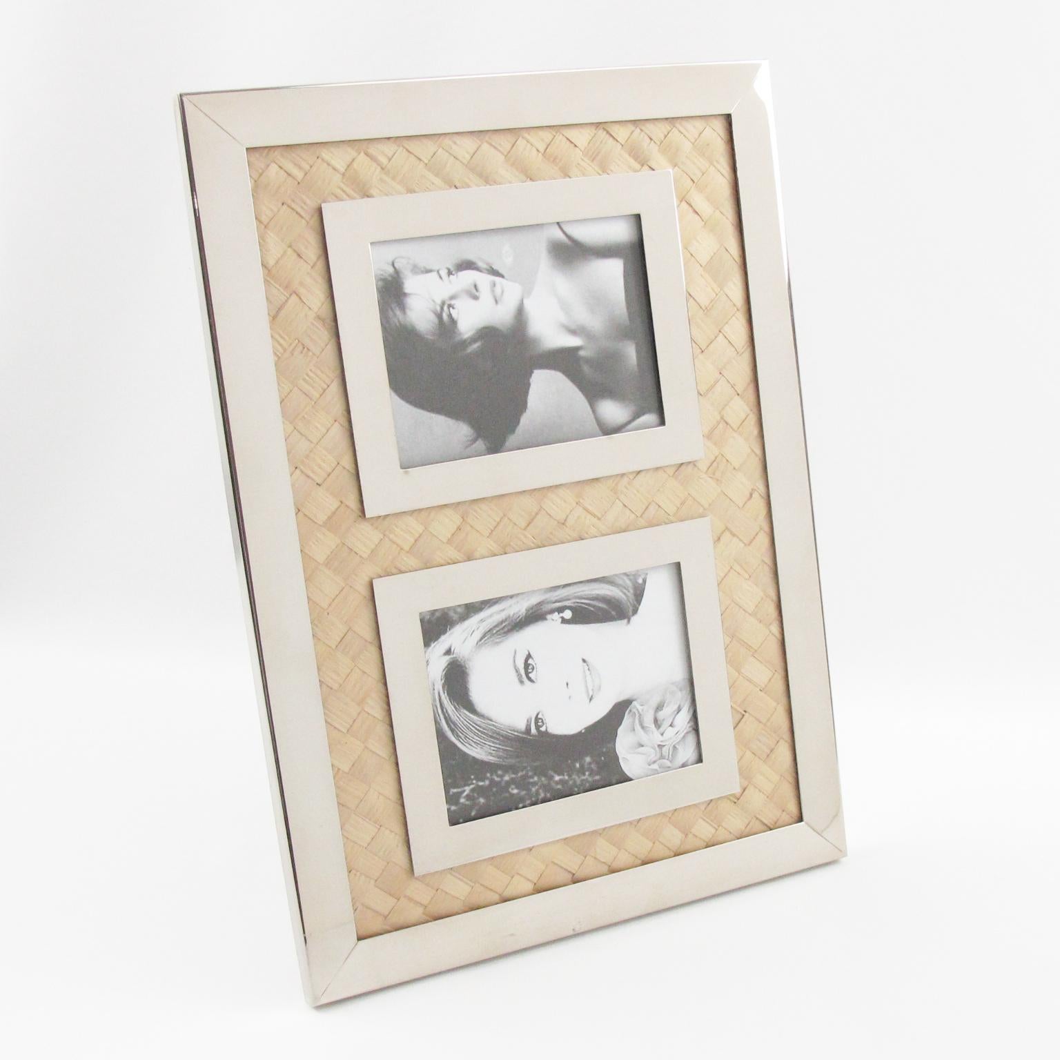 Italian Designer Signed Chrome and Straw Marquetry Picture Photo Frame In Excellent Condition In Atlanta, GA