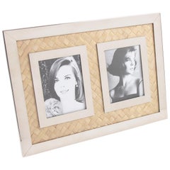 Vintage Italian Designer Signed Chrome and Straw Marquetry Picture Photo Frame