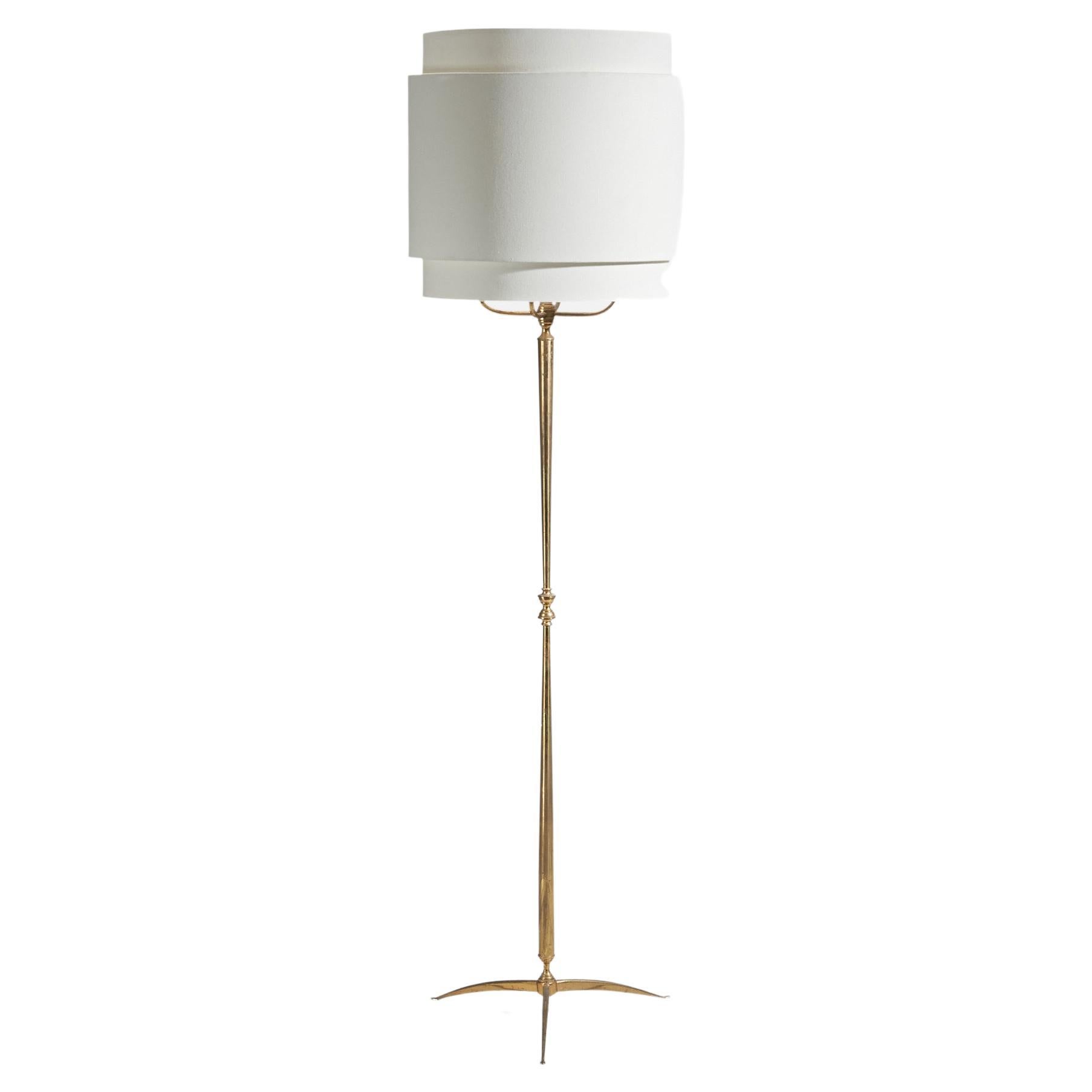 Lampadaire de designer italien, laiton, tissu, Italie, années 1950 en vente