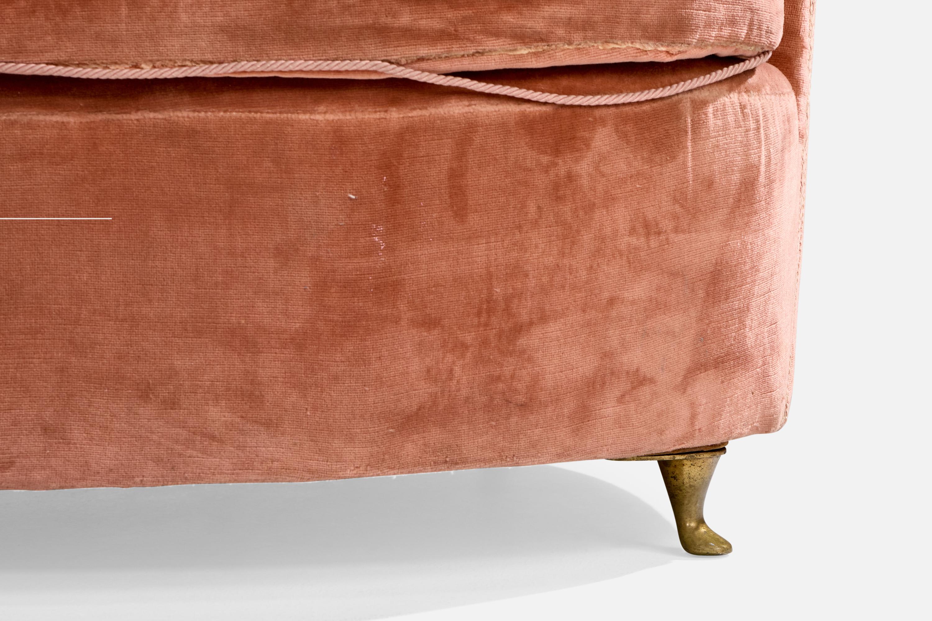 Italian Designer, Sizable Sofa, Brass, Velvet, Italy, 1940s For Sale 8