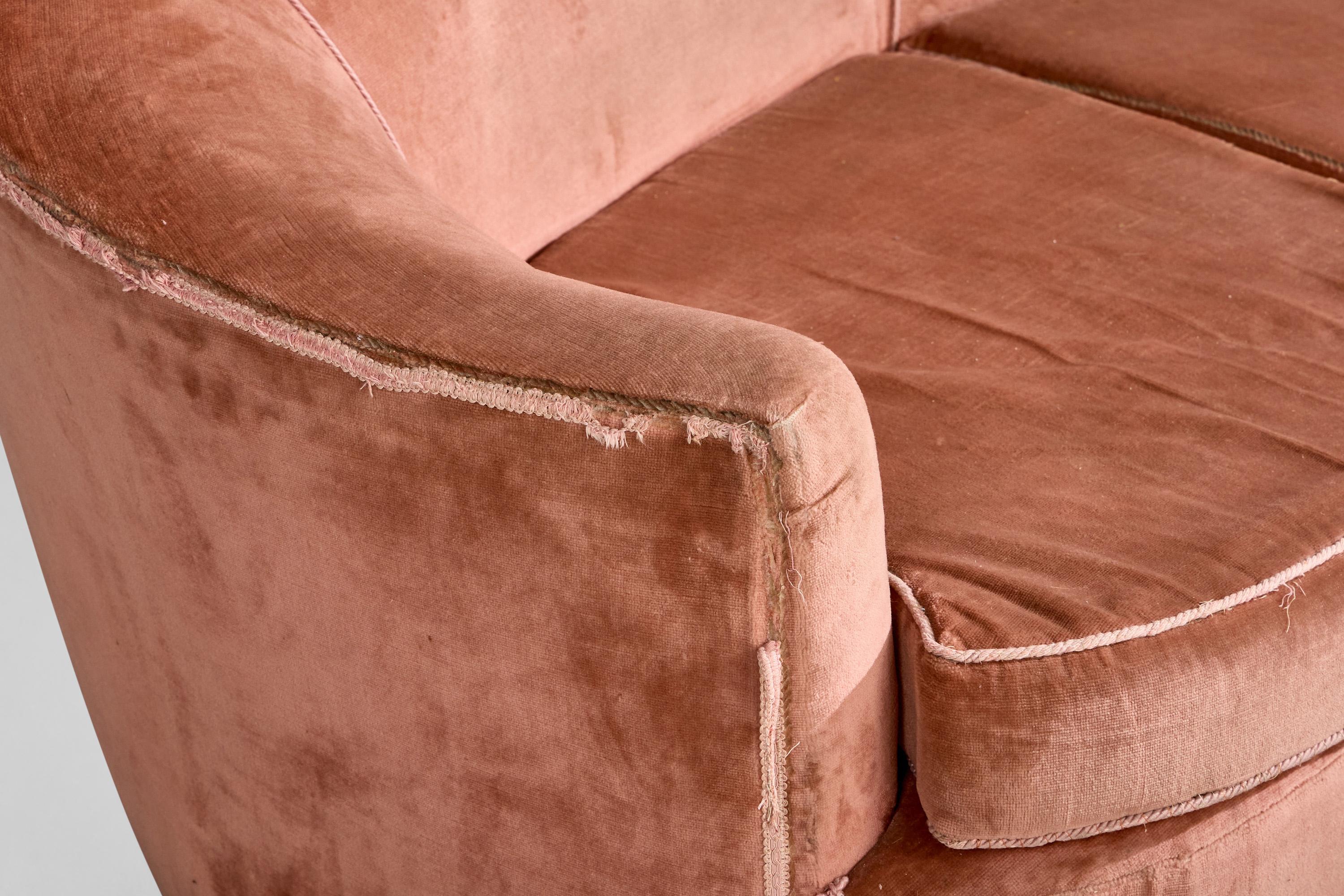 Italian Designer, Sizable Sofa, Brass, Velvet, Italy, 1940s For Sale 9