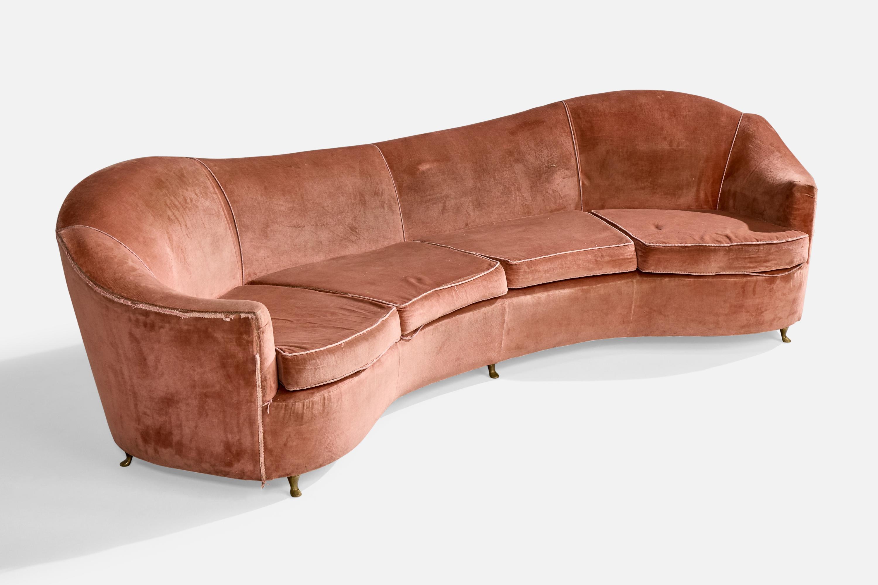 Italian Designer, Sizable Sofa, Brass, Velvet, Italy, 1940s In Fair Condition For Sale In High Point, NC