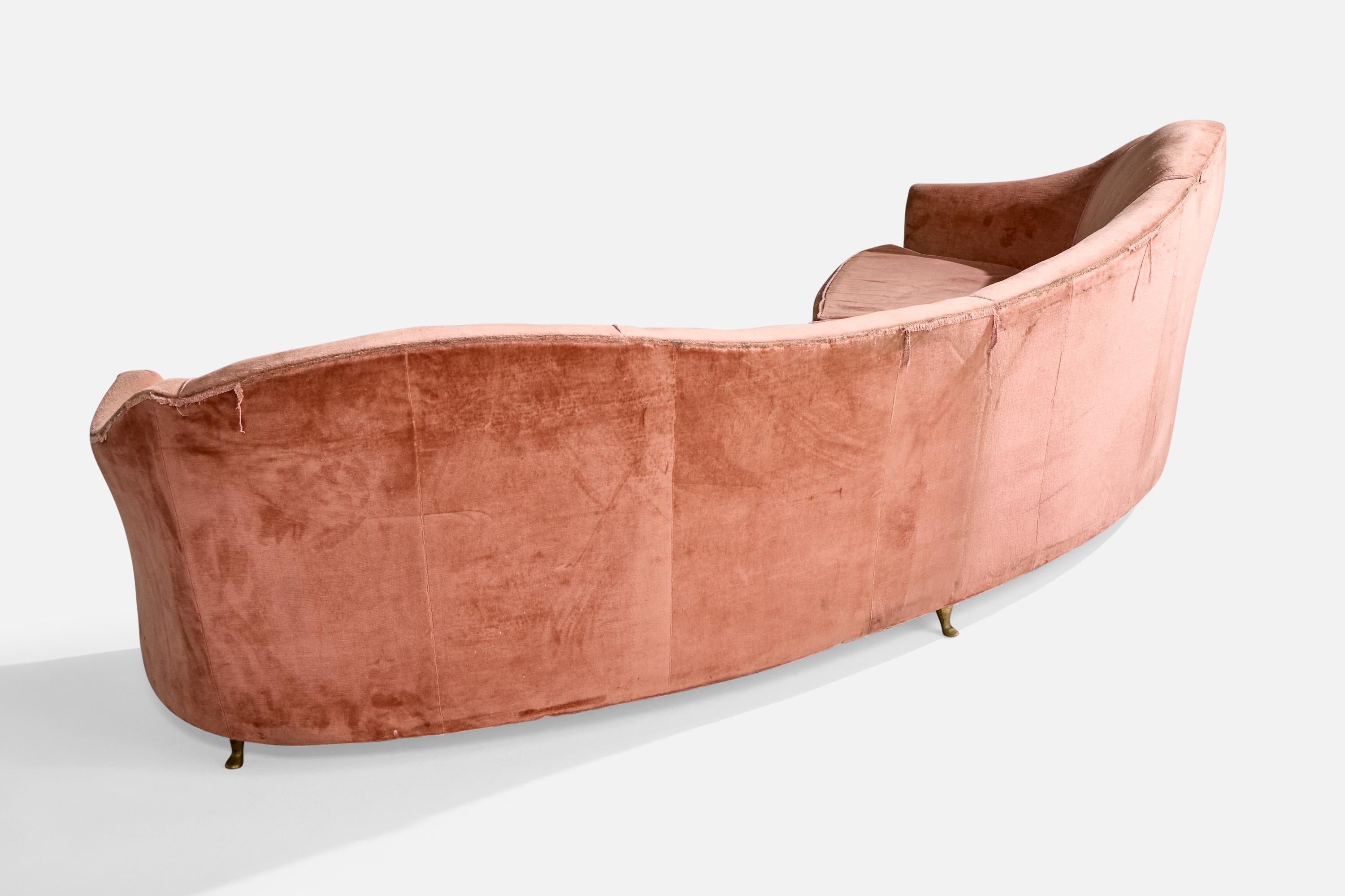 Mid-20th Century Italian Designer, Sizable Sofa, Brass, Velvet, Italy, 1940s For Sale
