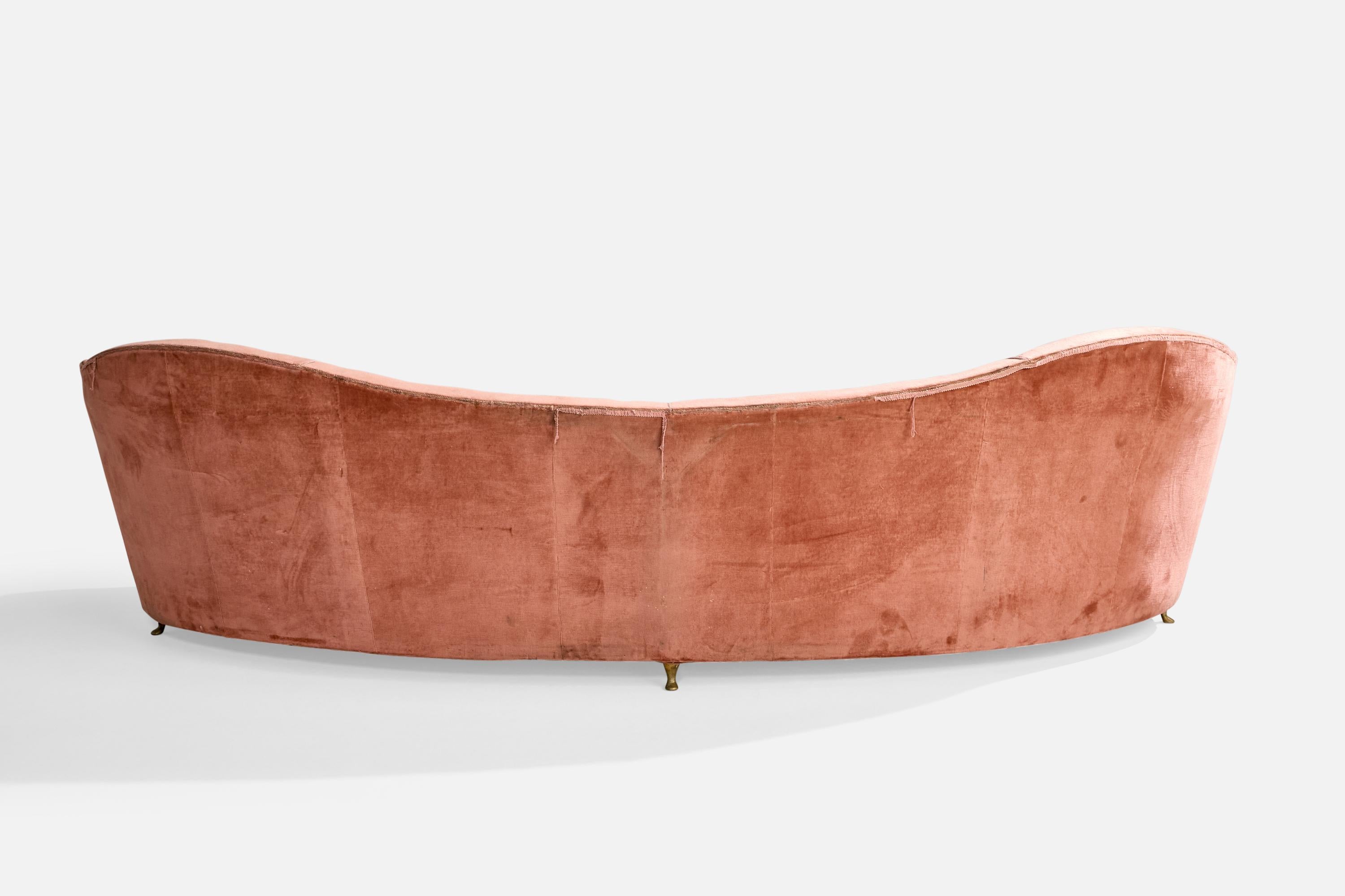 Italian Designer, Sizable Sofa, Brass, Velvet, Italy, 1940s For Sale 1
