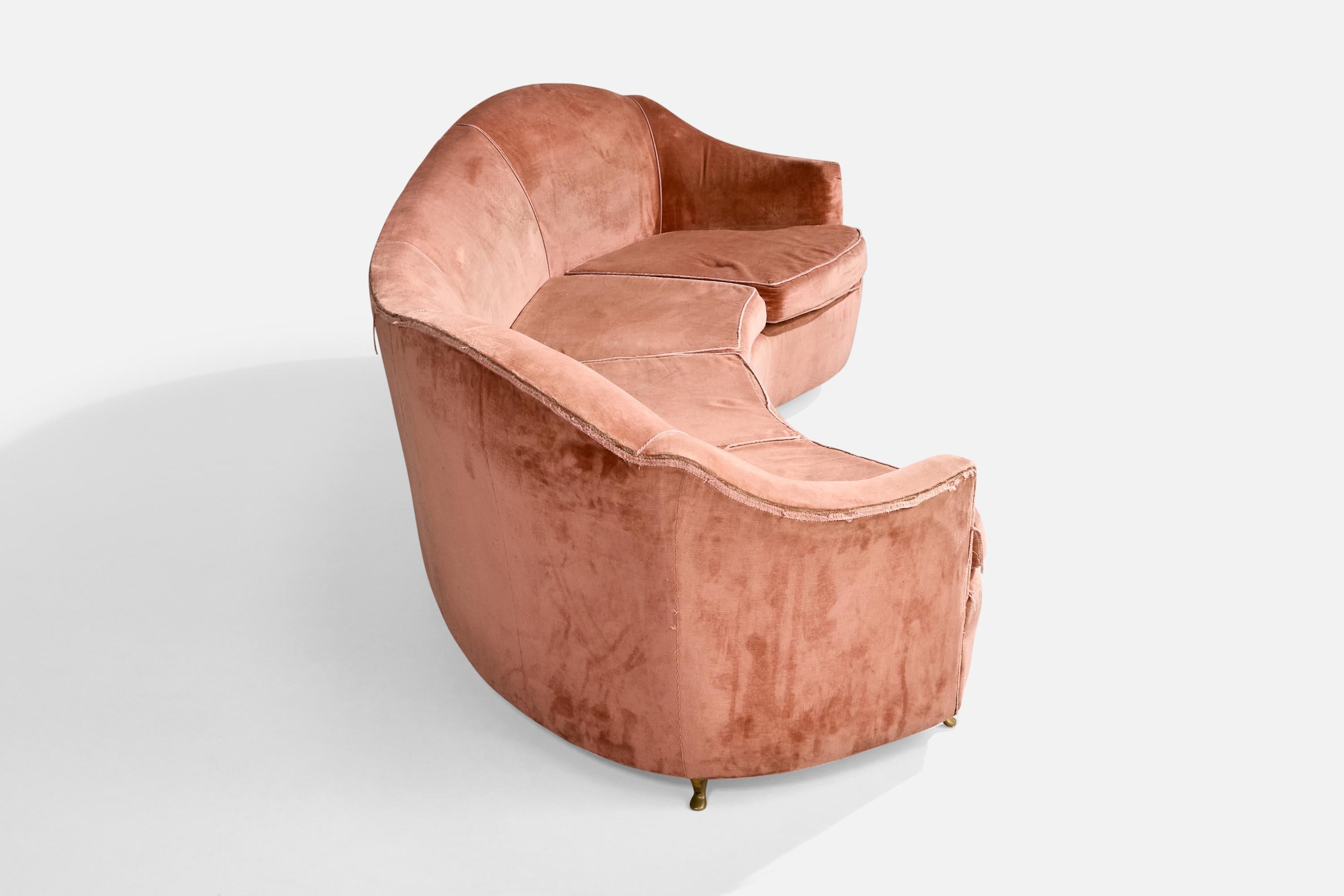 Italian Designer, Sizable Sofa, Brass, Velvet, Italy, 1940s For Sale 2
