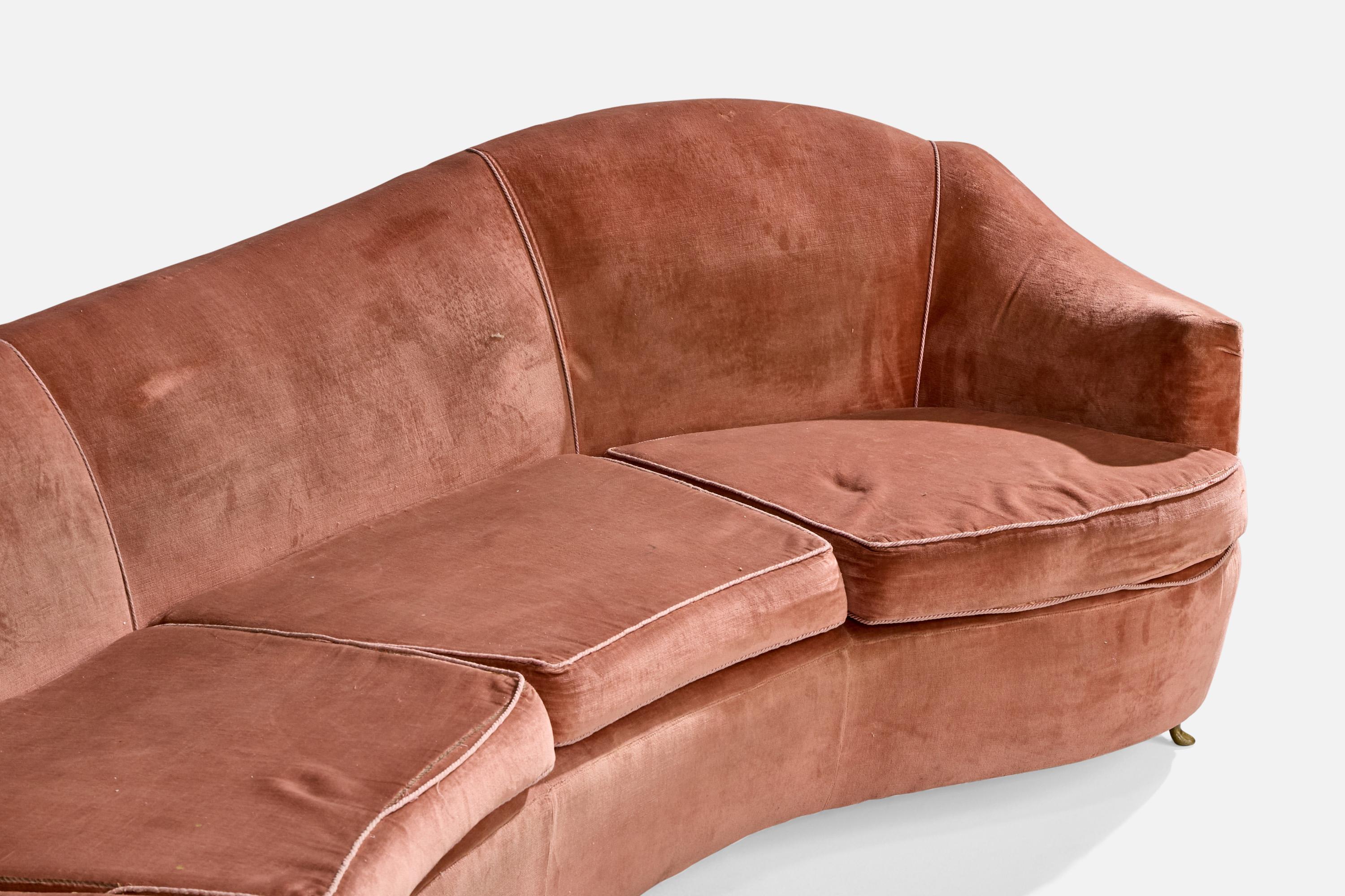 Italian Designer, Sizable Sofa, Brass, Velvet, Italy, 1940s For Sale 4
