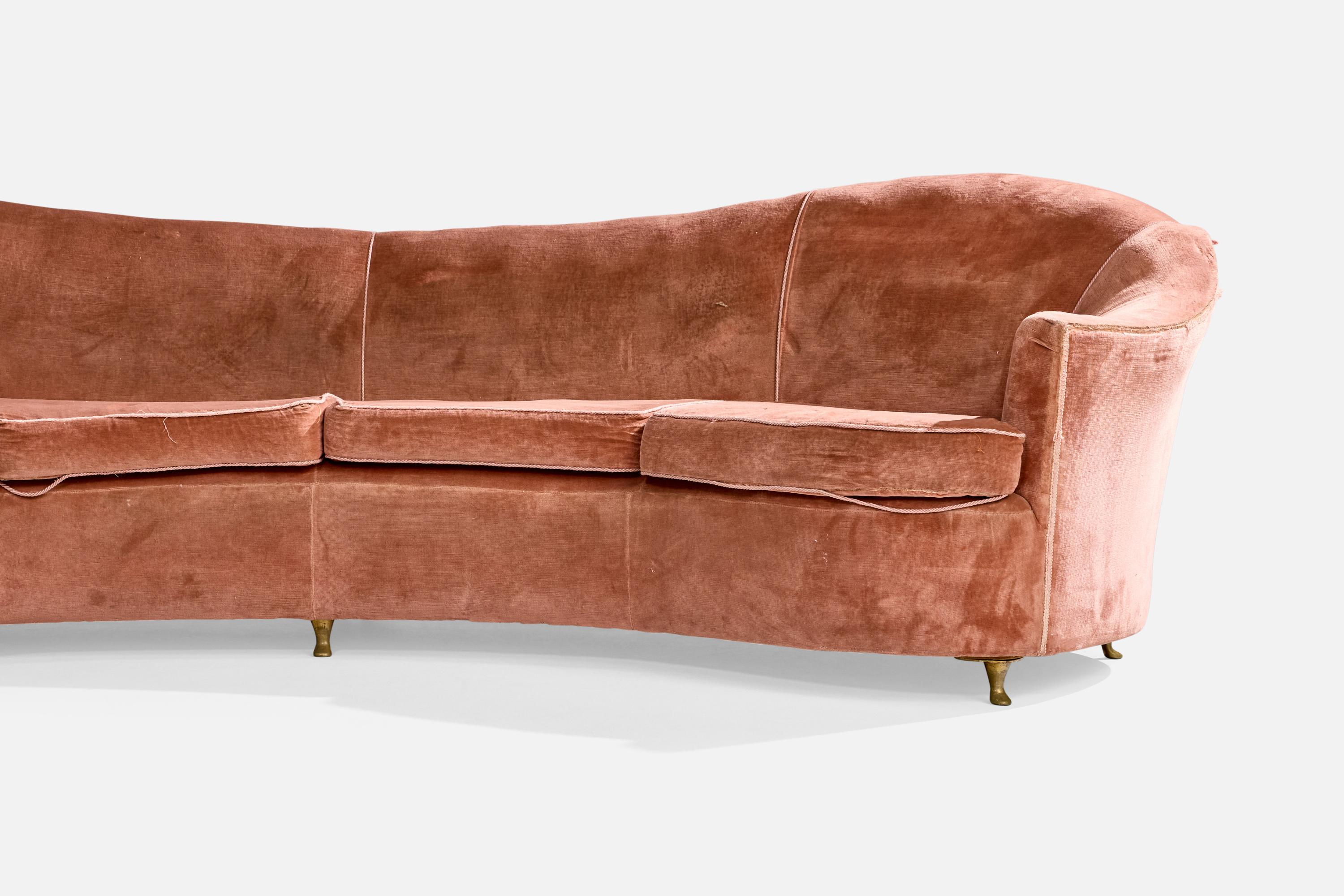 Italian Designer, Sizable Sofa, Brass, Velvet, Italy, 1940s For Sale 5