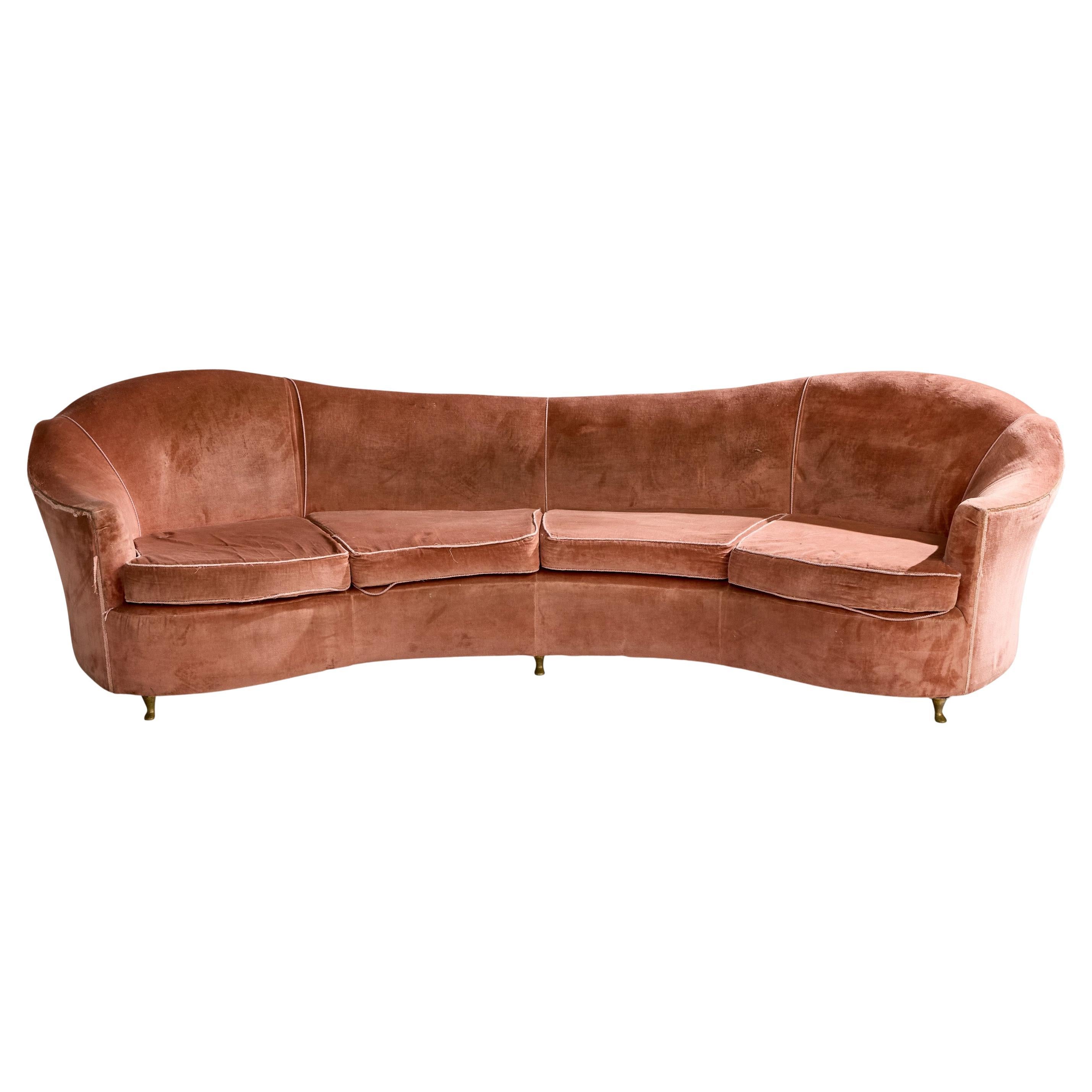 Italian Designer, Sizable Sofa, Brass, Velvet, Italy, 1940s For Sale