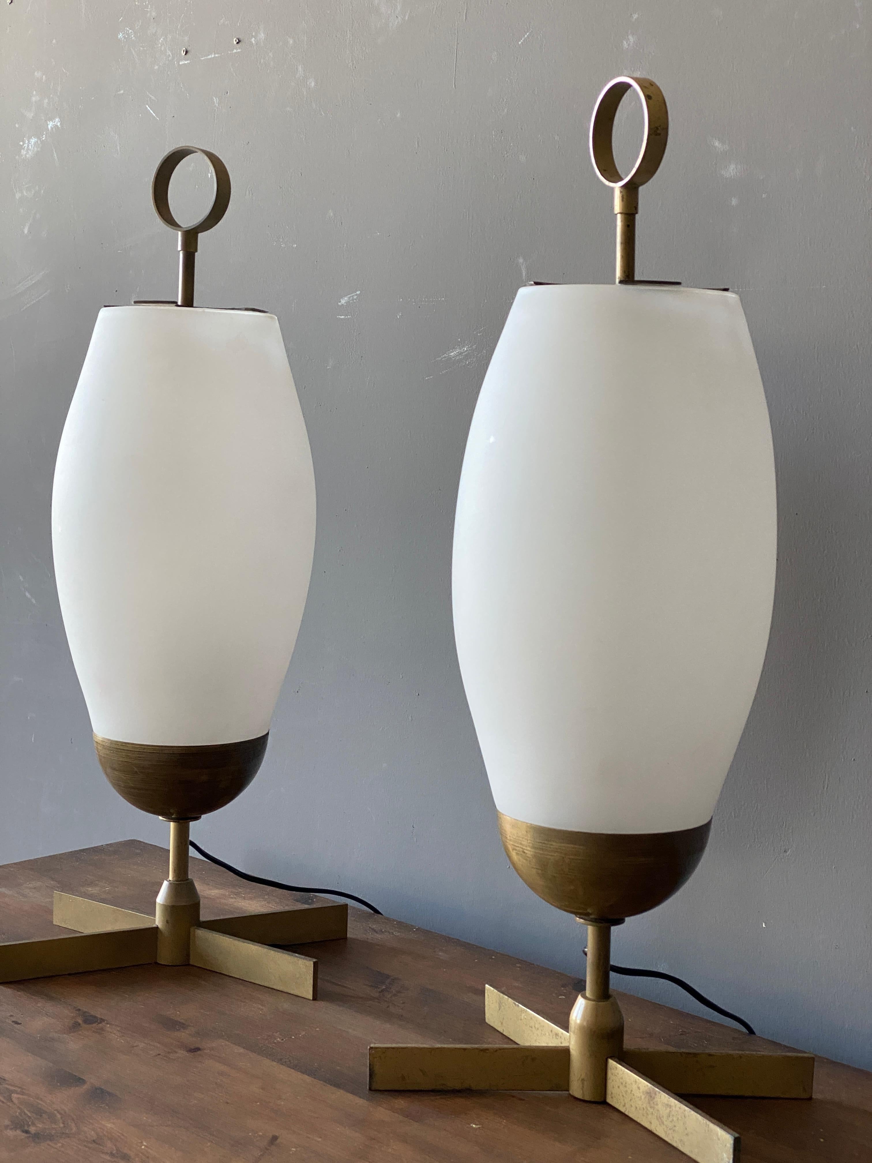 Italian Designer, Sizable Table Lamps, Brass, Fogged Glass, Italy, 1950s 1