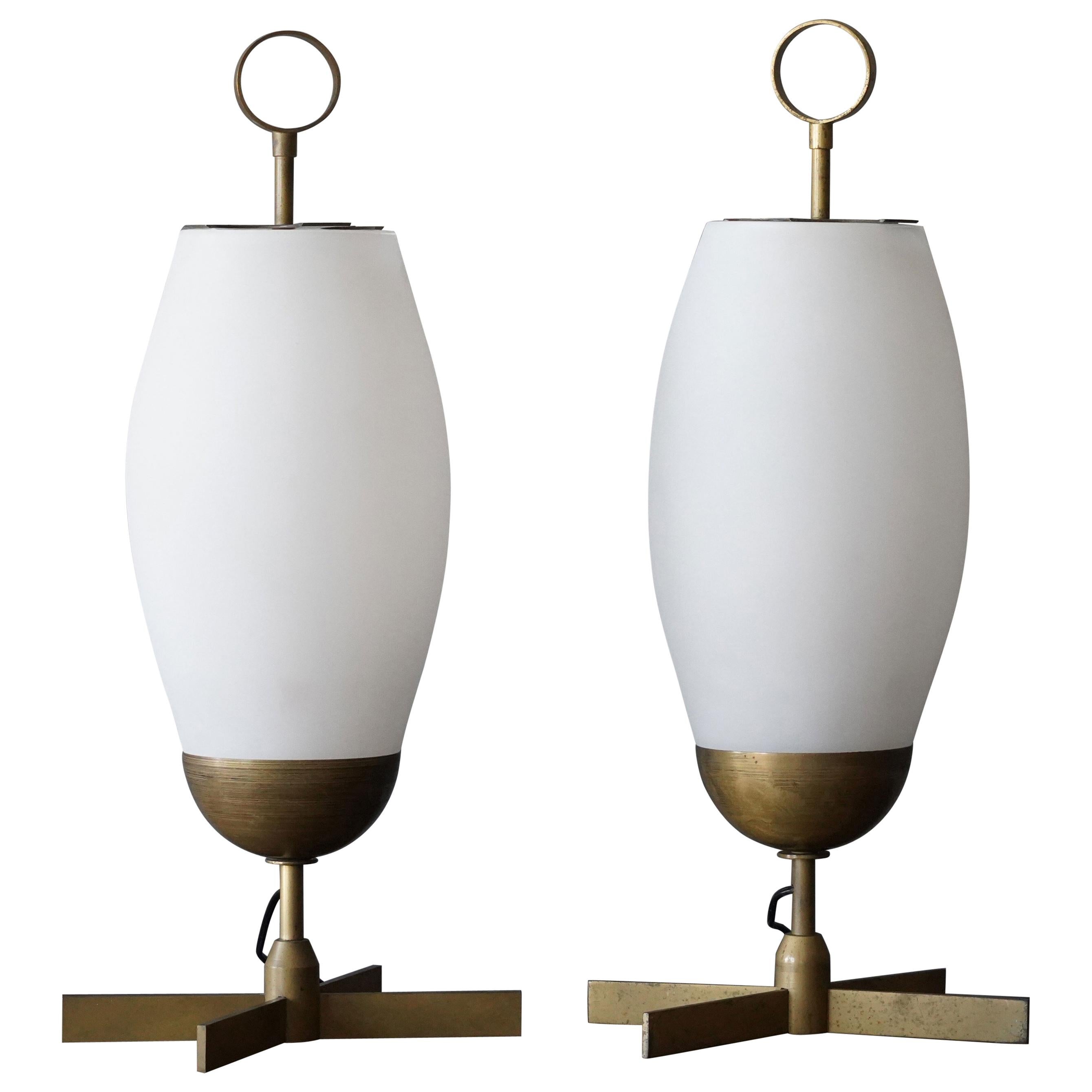 Italian Designer, Sizable Table Lamps, Brass, Fogged Glass, Italy, 1950s