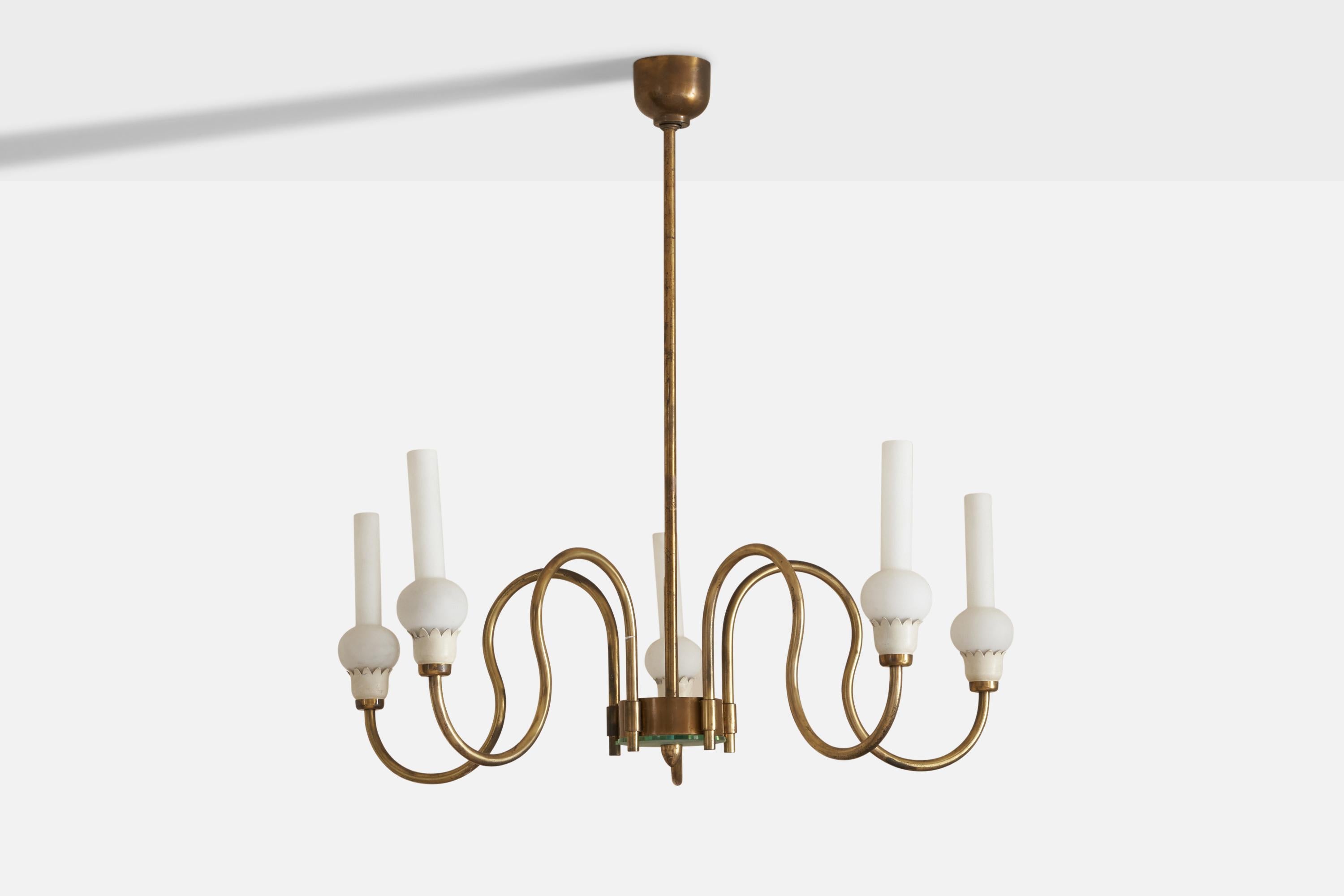 A sizeable brass, white-lacquered metal, opaline and blue-coloured glass chandelier designed and produced in Italy, 1940s.

Overall Dimensions (inches): 46” H x 43” Diameter 
Bulb Specifications: E-26 Bulb
Number of Sockets: 5
Additional sockets