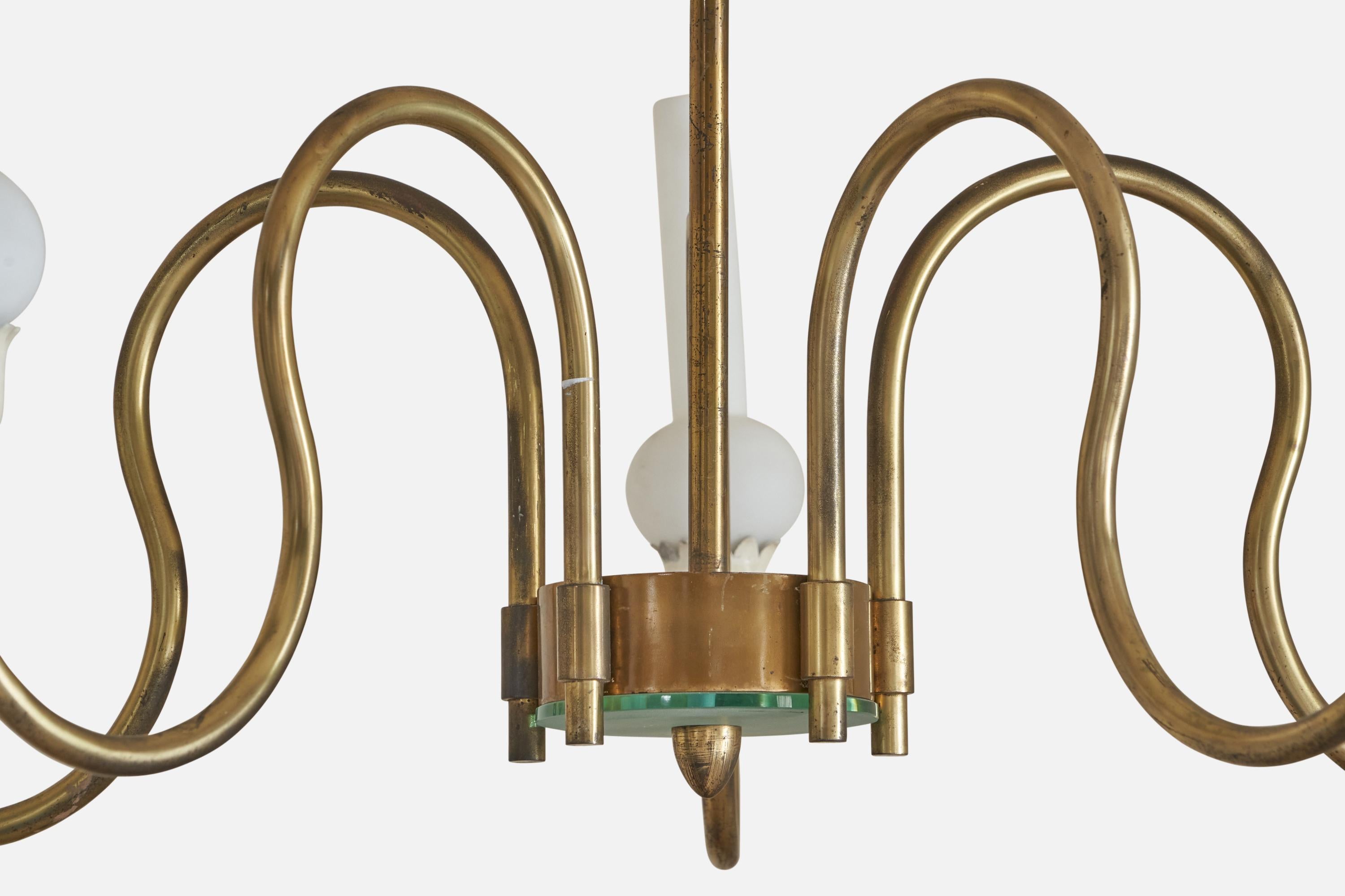 Mid-20th Century Italian Designer, Sizeable Chandelier, Brass, Metal, Glass, Italy, 1940s For Sale