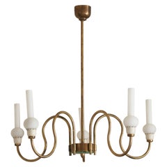 Italian Designer, Sizeable Chandelier, Brass, Metal, Glass, Italy, 1940s Italian Designer, Sizeable Chandelier, Brass, Metal, Glass, Italy, 1940s