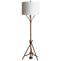 Italian Designer, Sizeable Floor Lamp, Brass, Rattan, Iron, Fabric, Italy, 1940s