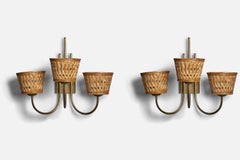 Italian Designer, Sizeable Wall Lights, Brass, Rattan, Italy, 1940s