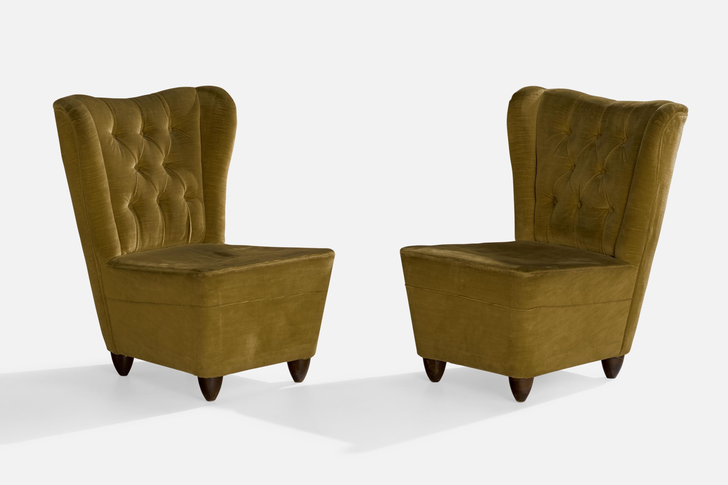 Modern Italian Designer, Slipper Chairs, Velvet, Wood, Italy, 1940s For Sale