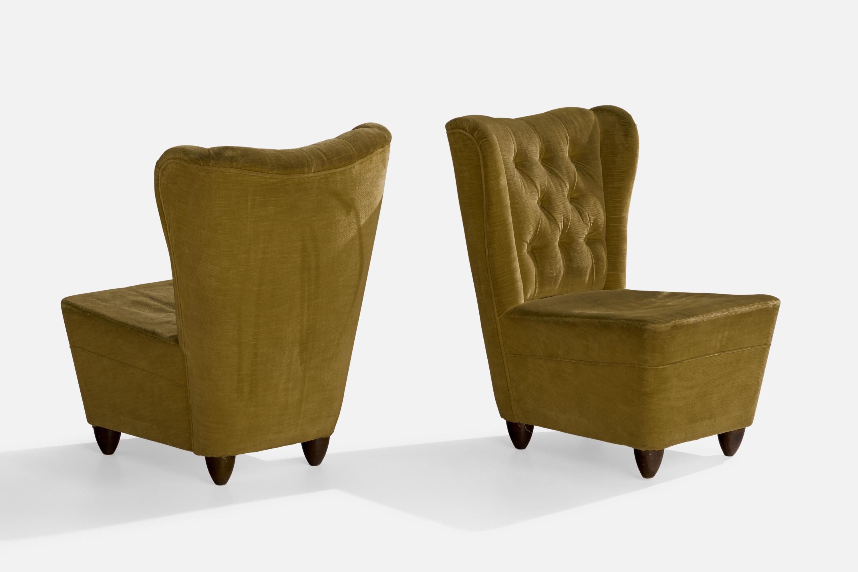 Mid-20th Century Italian Designer, Slipper Chairs, Velvet, Wood, Italy, 1940s For Sale
