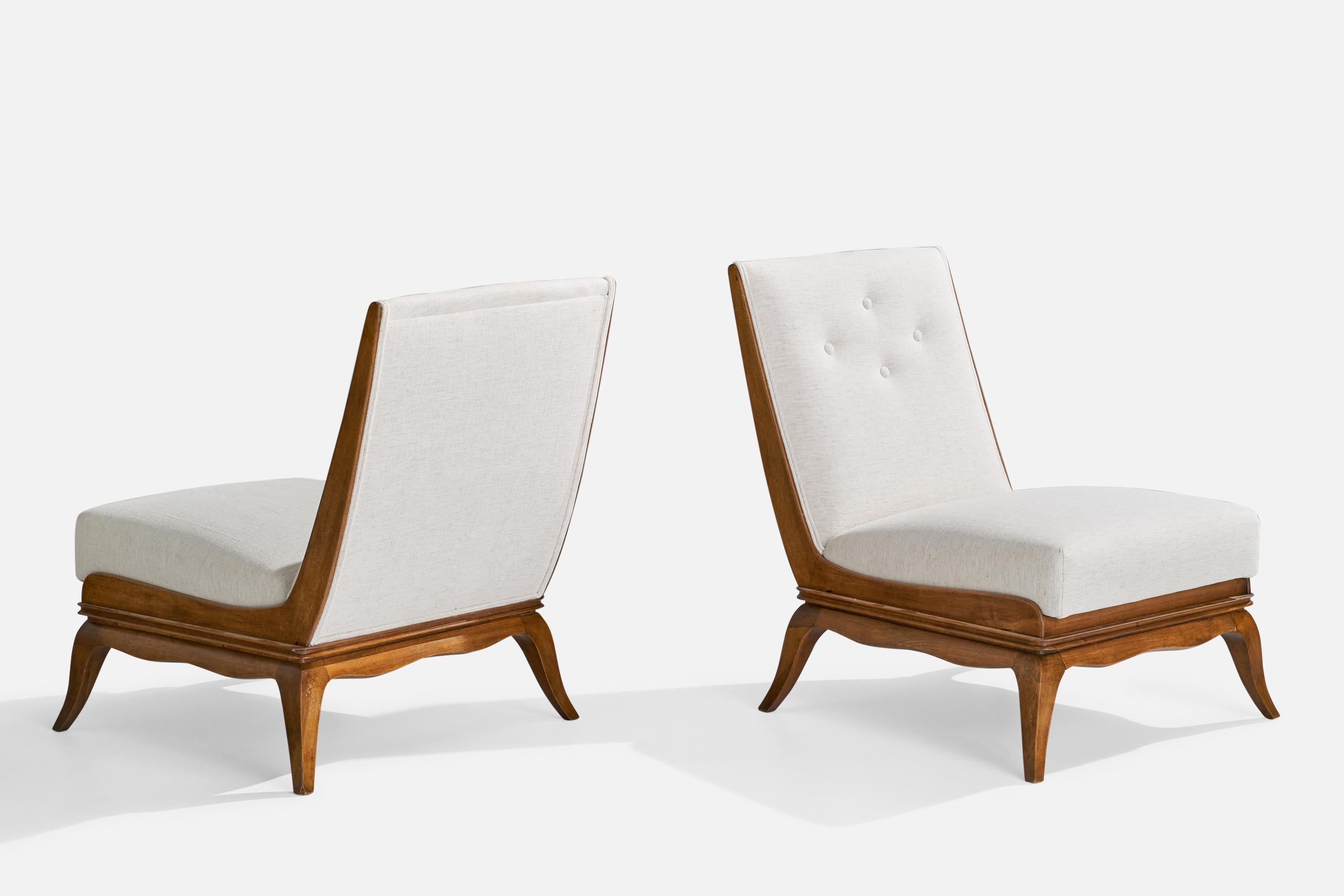 Italian Designer, Slipper Chairs with Ottoman, Walnut, Fabric, Italy, 1940s For Sale 5