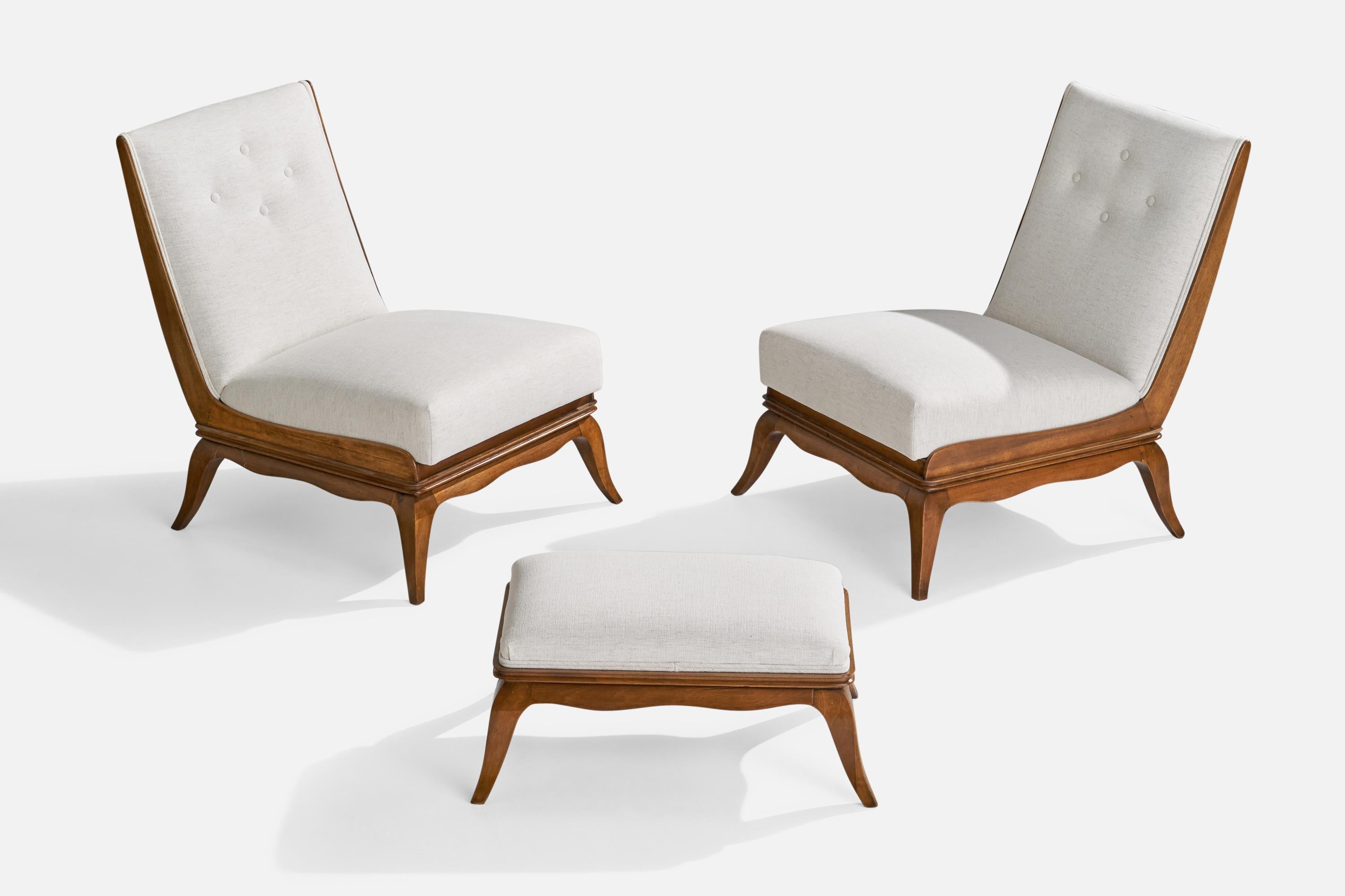 A pair of walnut and white fabric slipper lounge chairs with ottoman designed and produced in Italy c. 1940s. 

Seat height 15”.
ottoman dimensions  11.5” H x 24” W x 15.5” D
