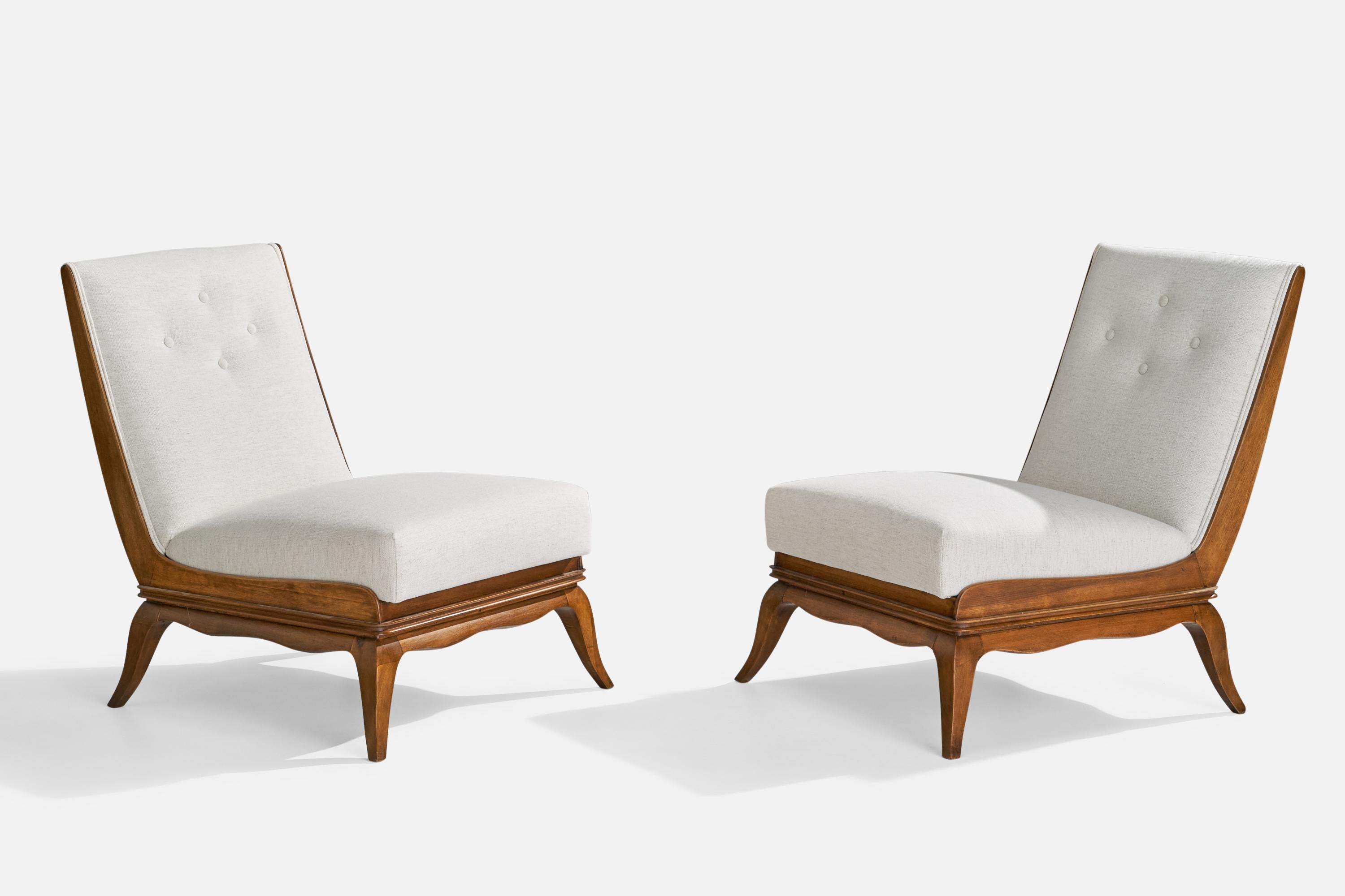 Italian Designer, Slipper Chairs with Ottoman, Walnut, Fabric, Italy, 1940s For Sale 3