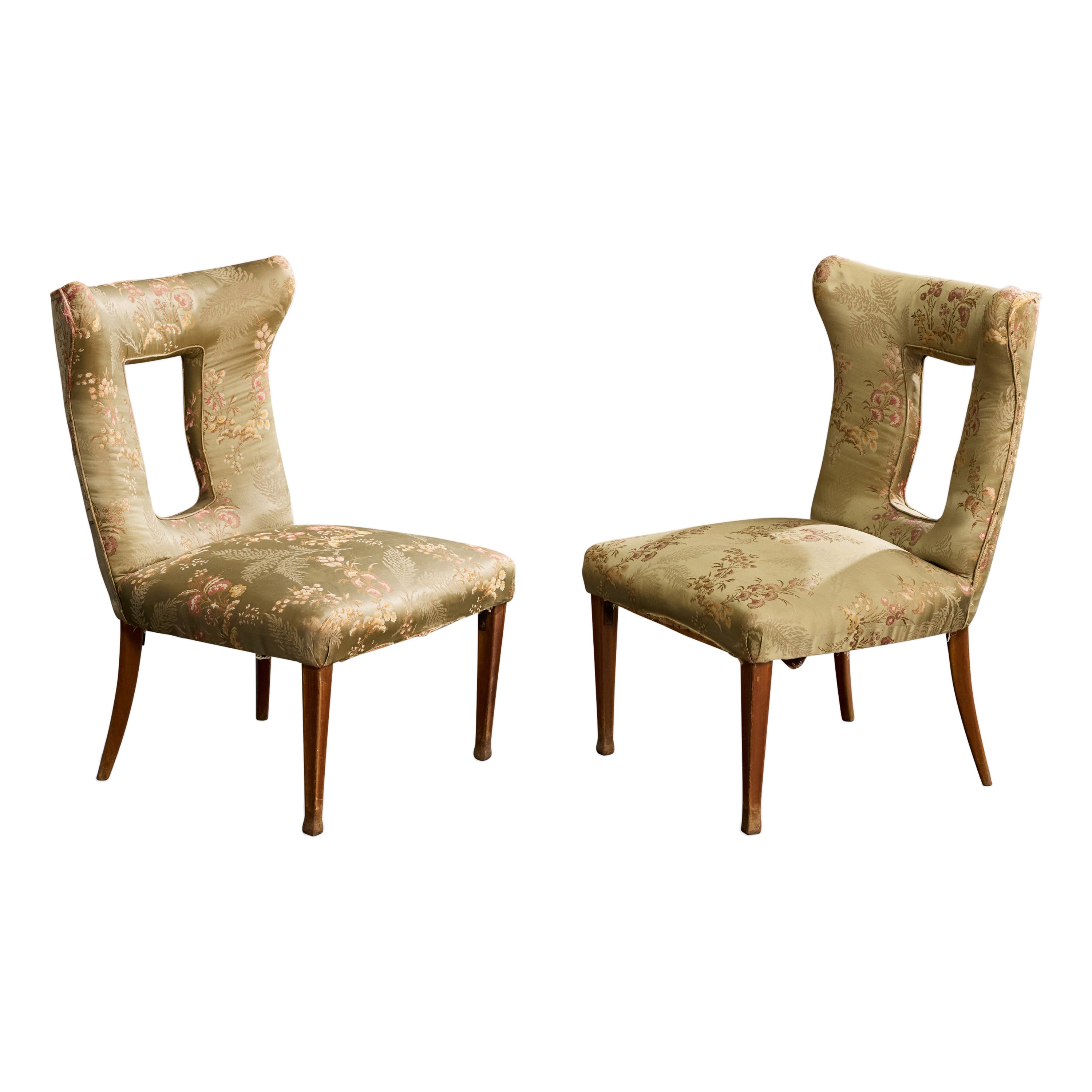 Italian Designer, Slipper Chairs, Wood, Silk, Italy, 1930s