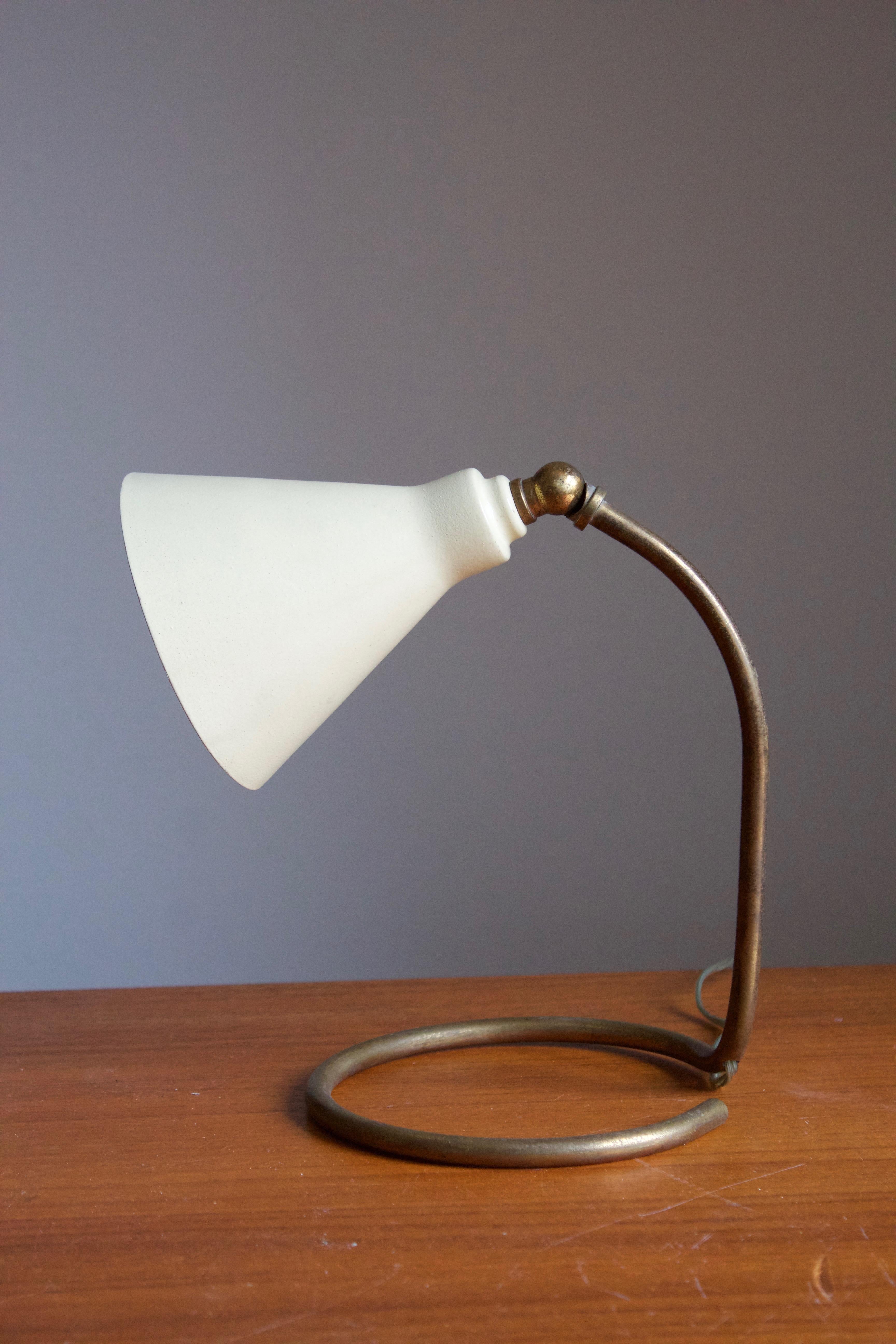 Mid-Century Modern Italian Designer, Small Adjustable Table Lamp, Brass, Lacquered Metal, 1950s