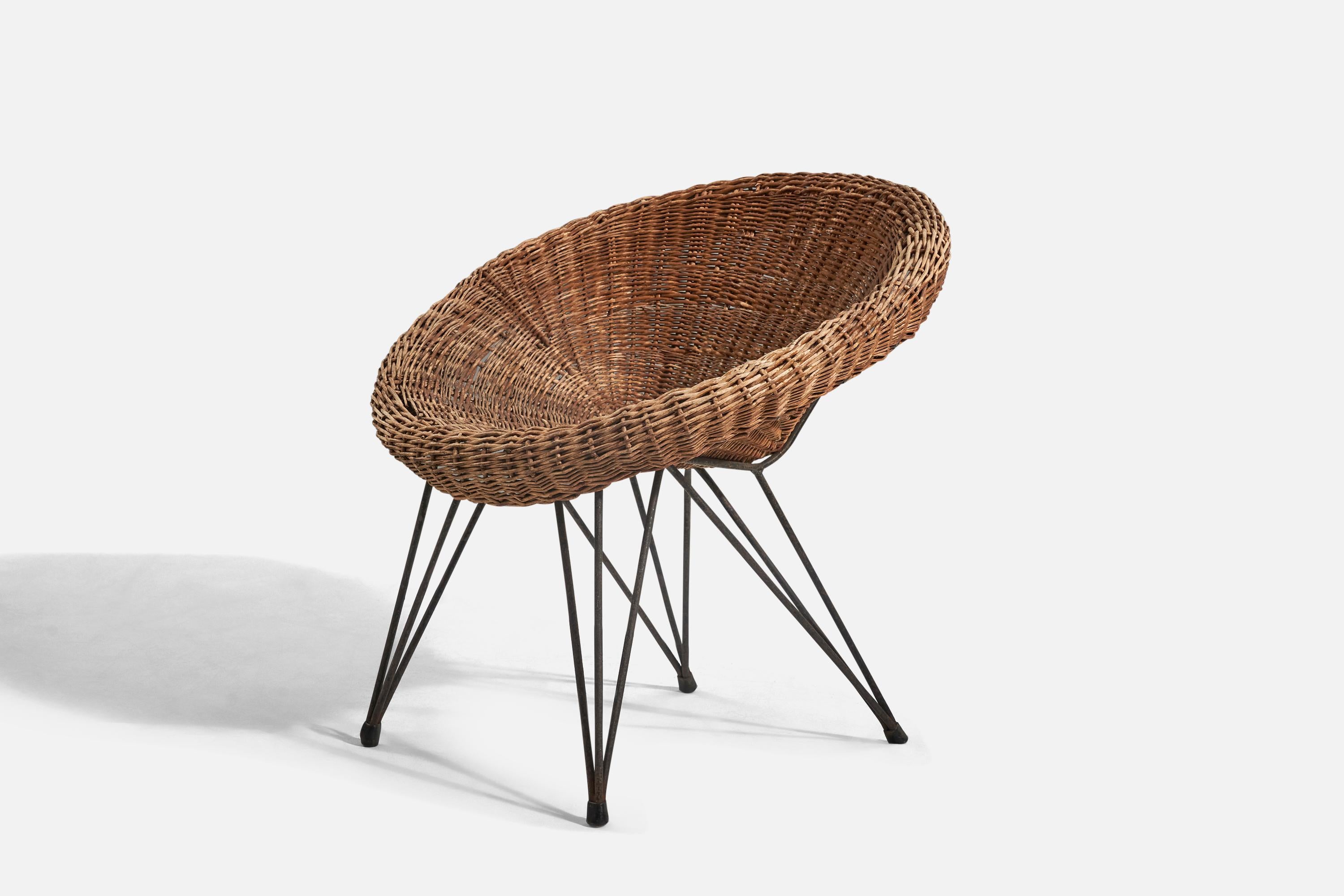 Mid-Century Modern Italian Designer, Small Chair, Wicker, Metal, Italy, 1950s For Sale